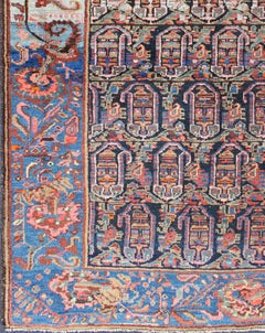 Antique Persian Hamadan Rug with Repeating Vase Motif in Rich Indigo and Coral