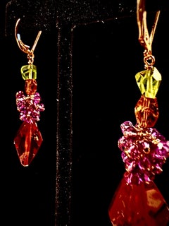 Colorful and unique long amber drop earrings of amber , amethyst, and peridot