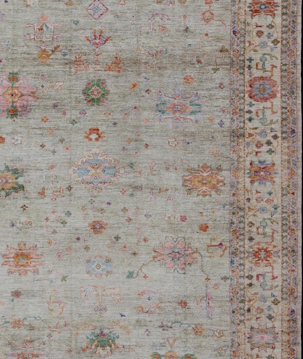 Keivan Woven Arts Colorful Angora Turkish Oushak Large Rug With All-Over Design. Keivan Woven Arts Large Angora Oushak Turkish Rug 

Measures: 11'4 x 15'4.

From our Angora Collection, this piece is made with a combination of angora and old wool.