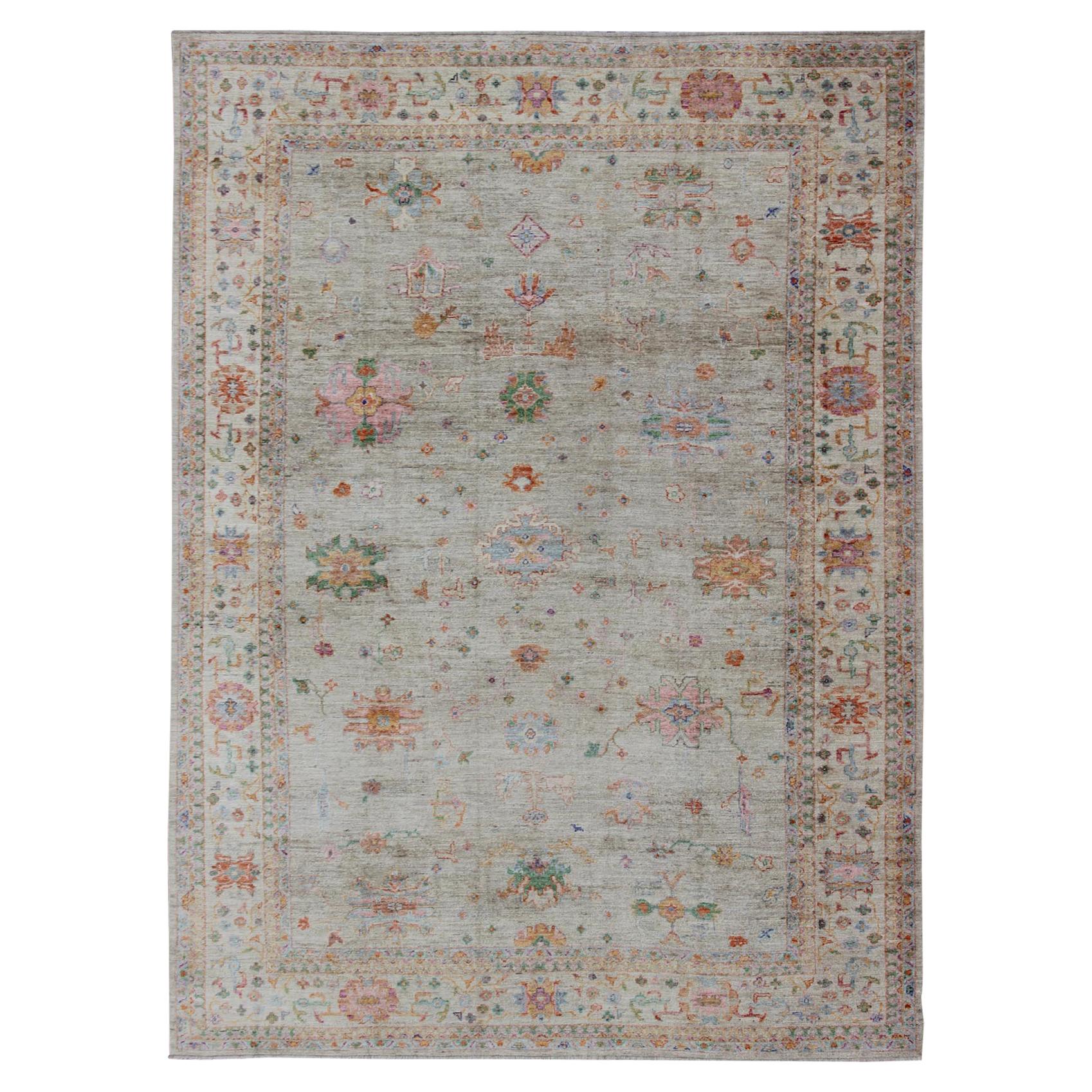 Colorful Angora Turkish Oushak Large Rug with All-Over Design
