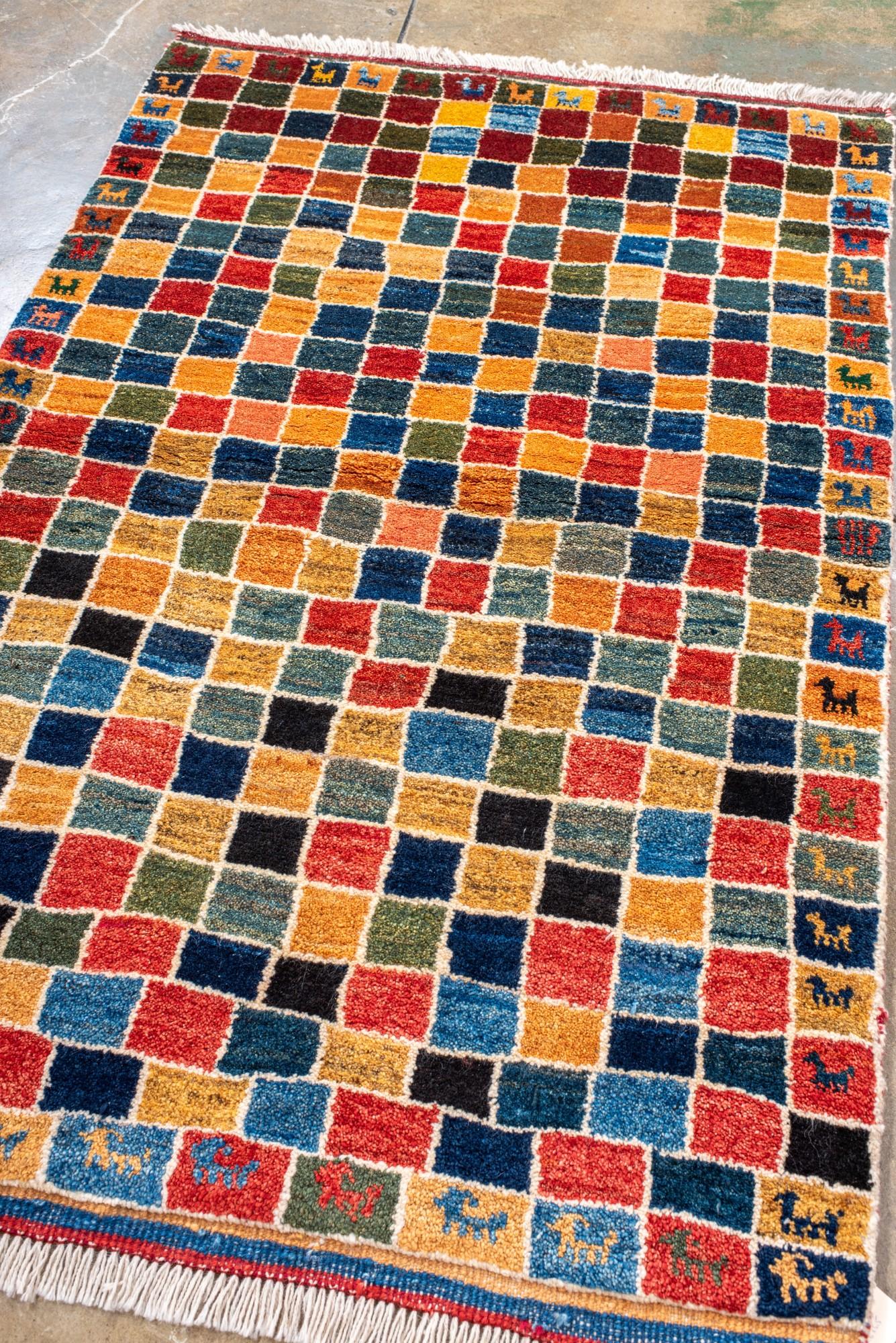 Persian Colorful Animal Border Gabbeh Rug with Mosaic Field For Sale