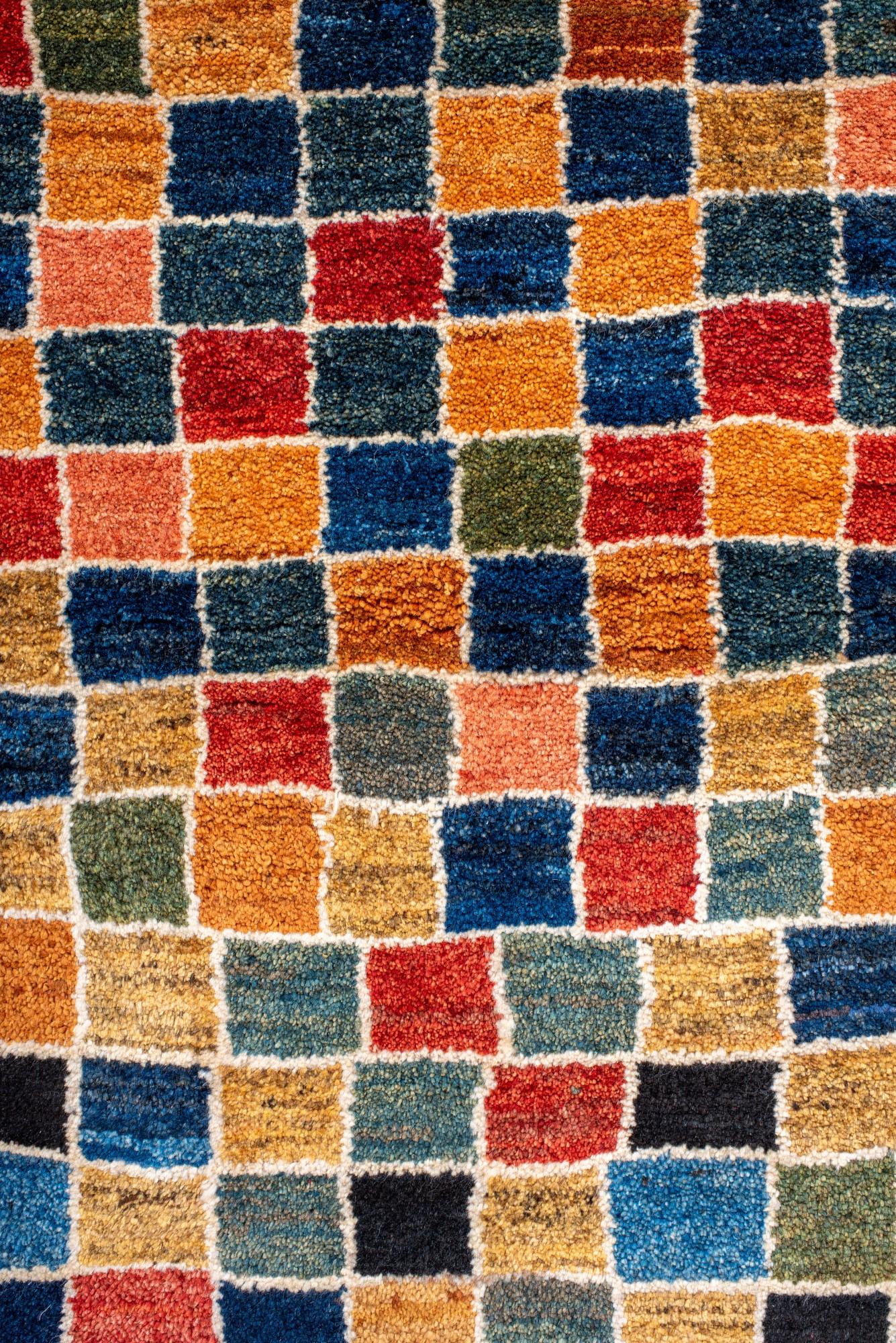 Hand-Knotted Colorful Animal Border Gabbeh Rug with Mosaic Field For Sale
