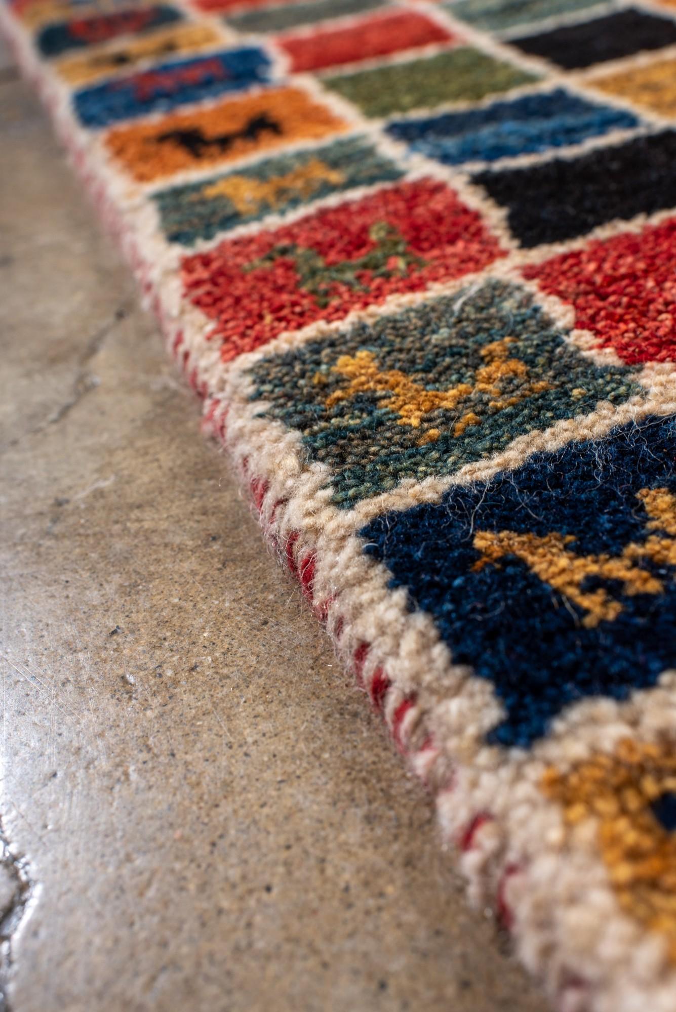 Wool Colorful Animal Border Gabbeh Rug with Mosaic Field For Sale