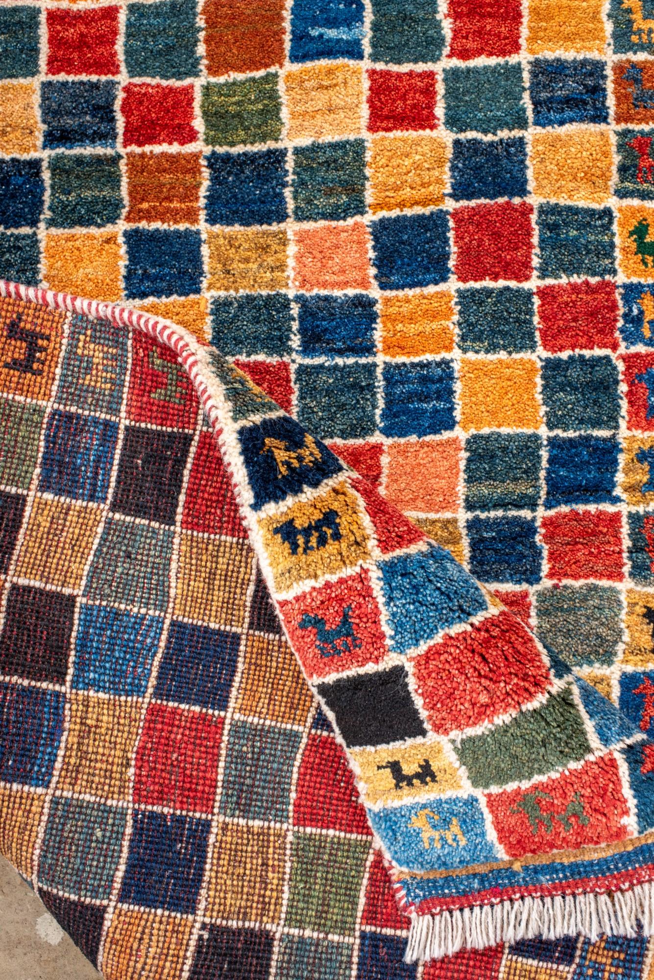 Colorful Animal Border Gabbeh Rug with Mosaic Field For Sale 1