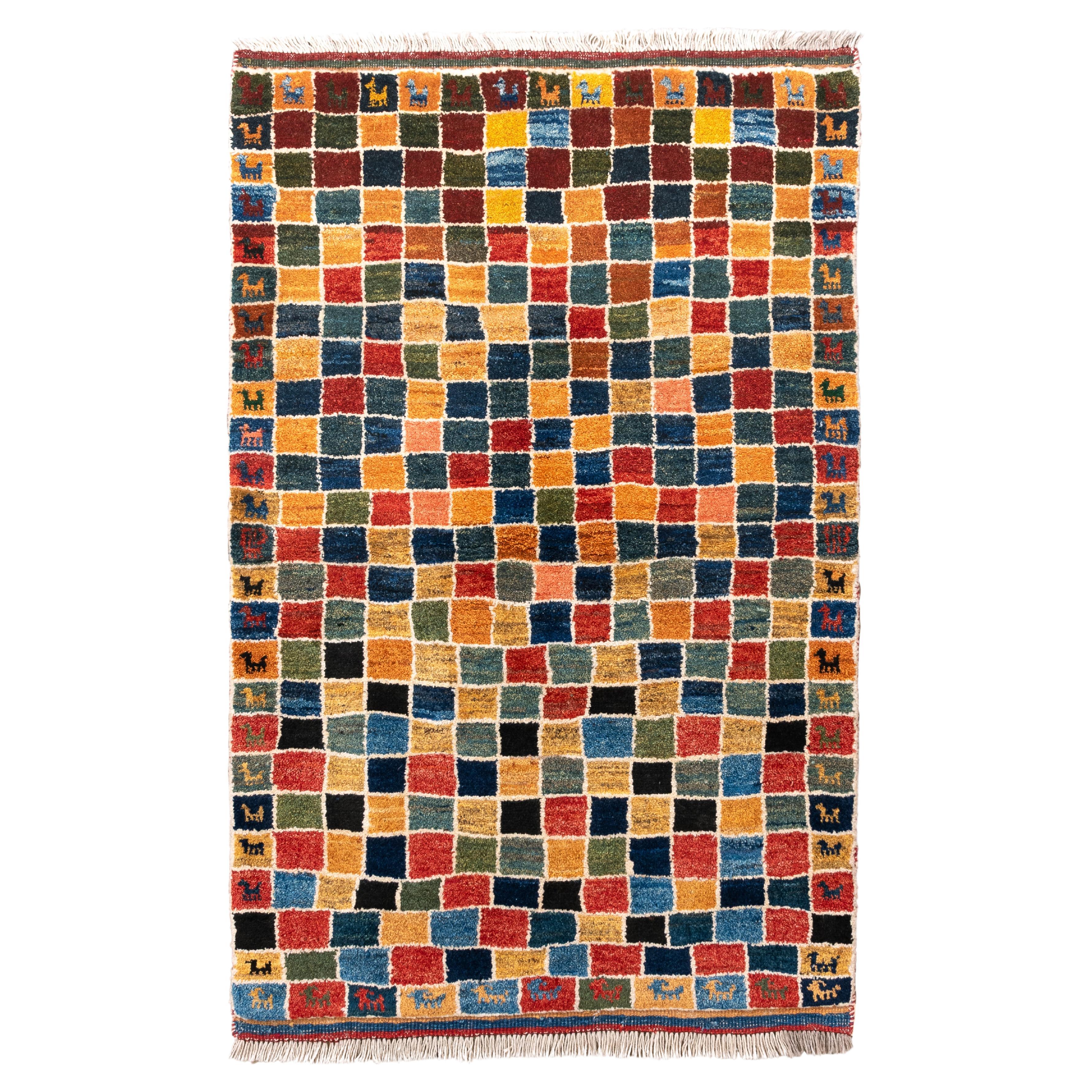 Colorful Animal Border Gabbeh Rug with Mosaic Field