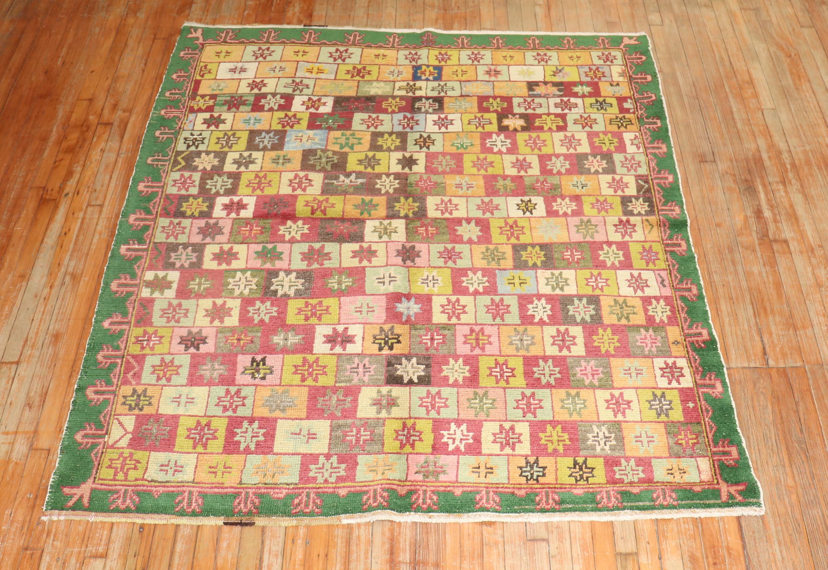 Colorful Antique Anatolian Square Rug For Sale 4