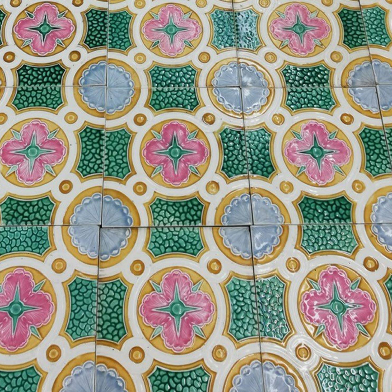 Colorful Antique Ceramic Tiles by Faiencerie de Bouffioulx, Belgium 1920s For Sale 3