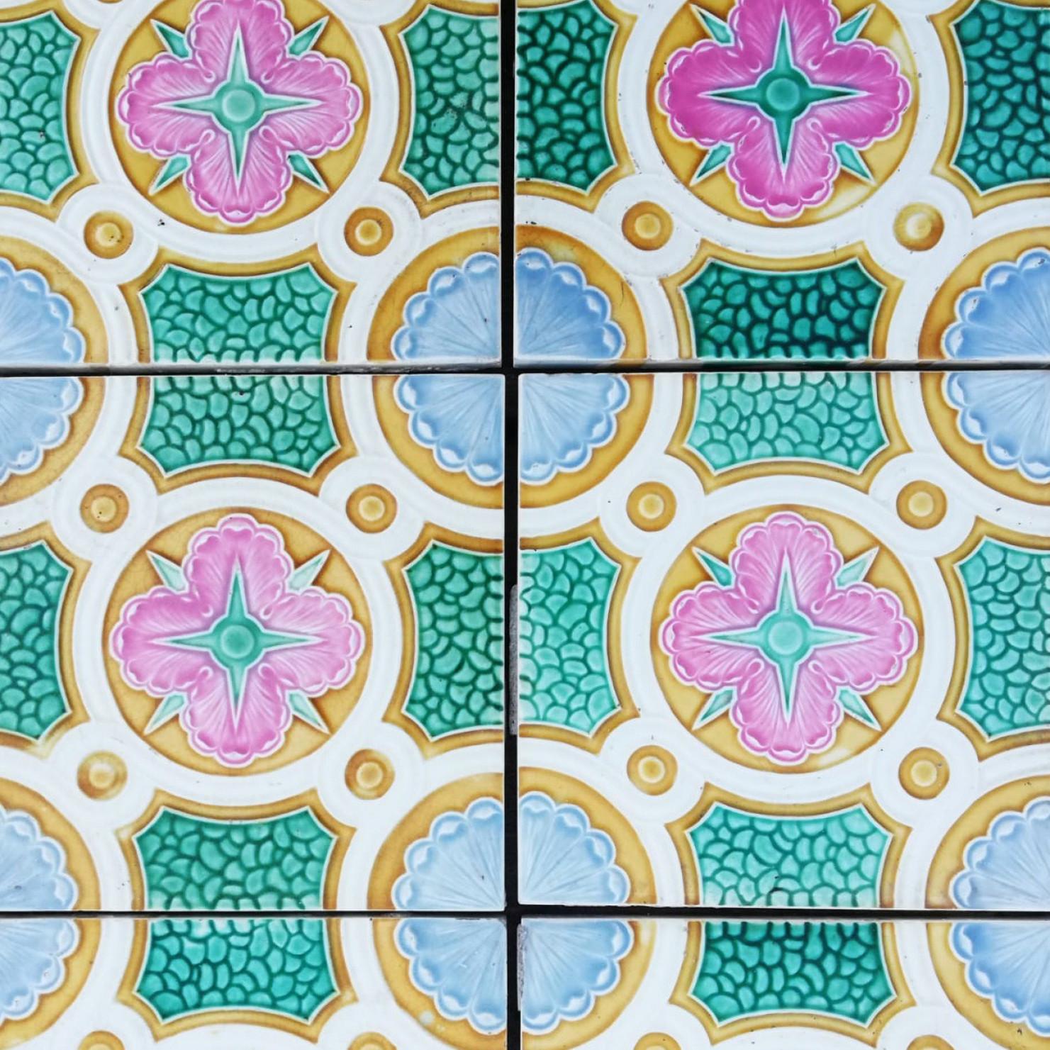Colorful Antique Ceramic Tiles by Faiencerie de Bouffioulx, Belgium 1920s For Sale 5