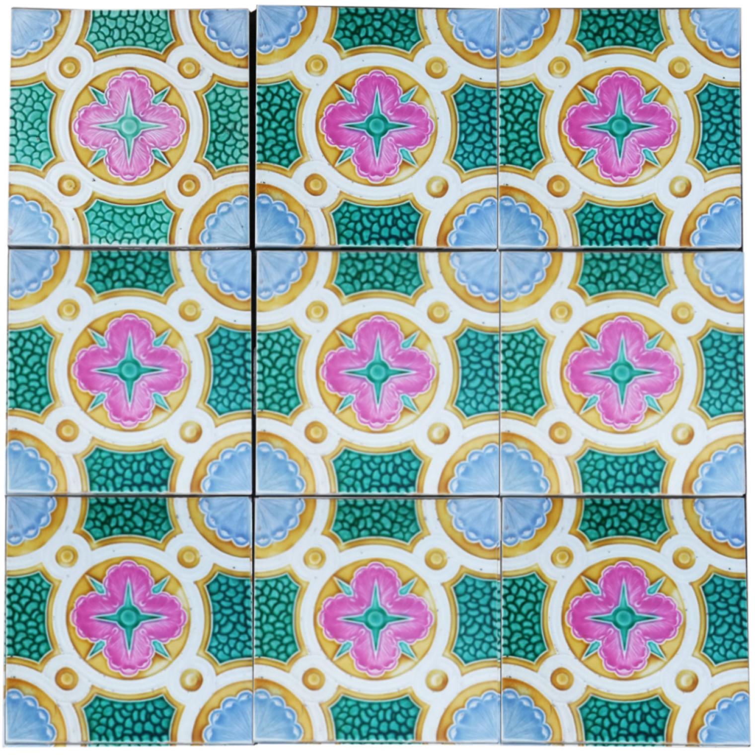 Very colorful and unique handmade ceramic tiles. Manufactured by Faiencerie de Bouffioulx, Belgium, 1920s
Stylized design in wonderful bright colors green, pink, ochre and light blue/gray. These tiles would be charming displayed on easels, framed or
