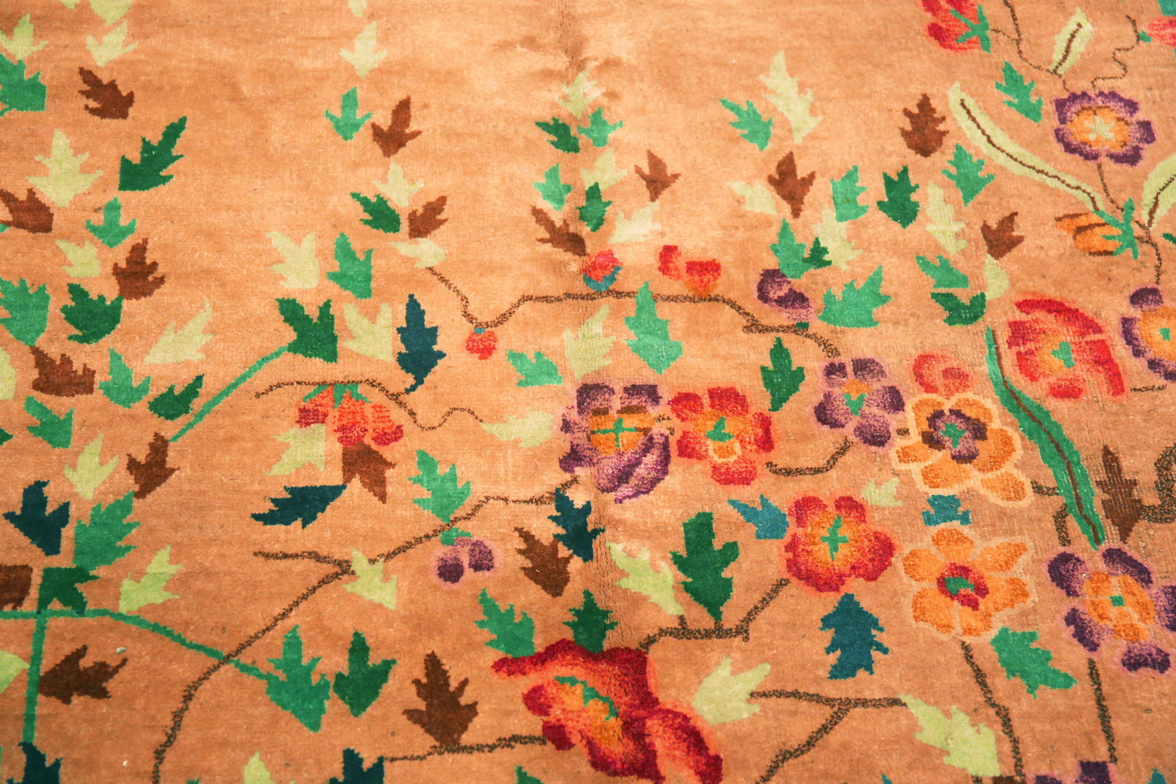 Noué à la main Tapis Art Déco chinois ancien et coloré à fleurs 5'8
