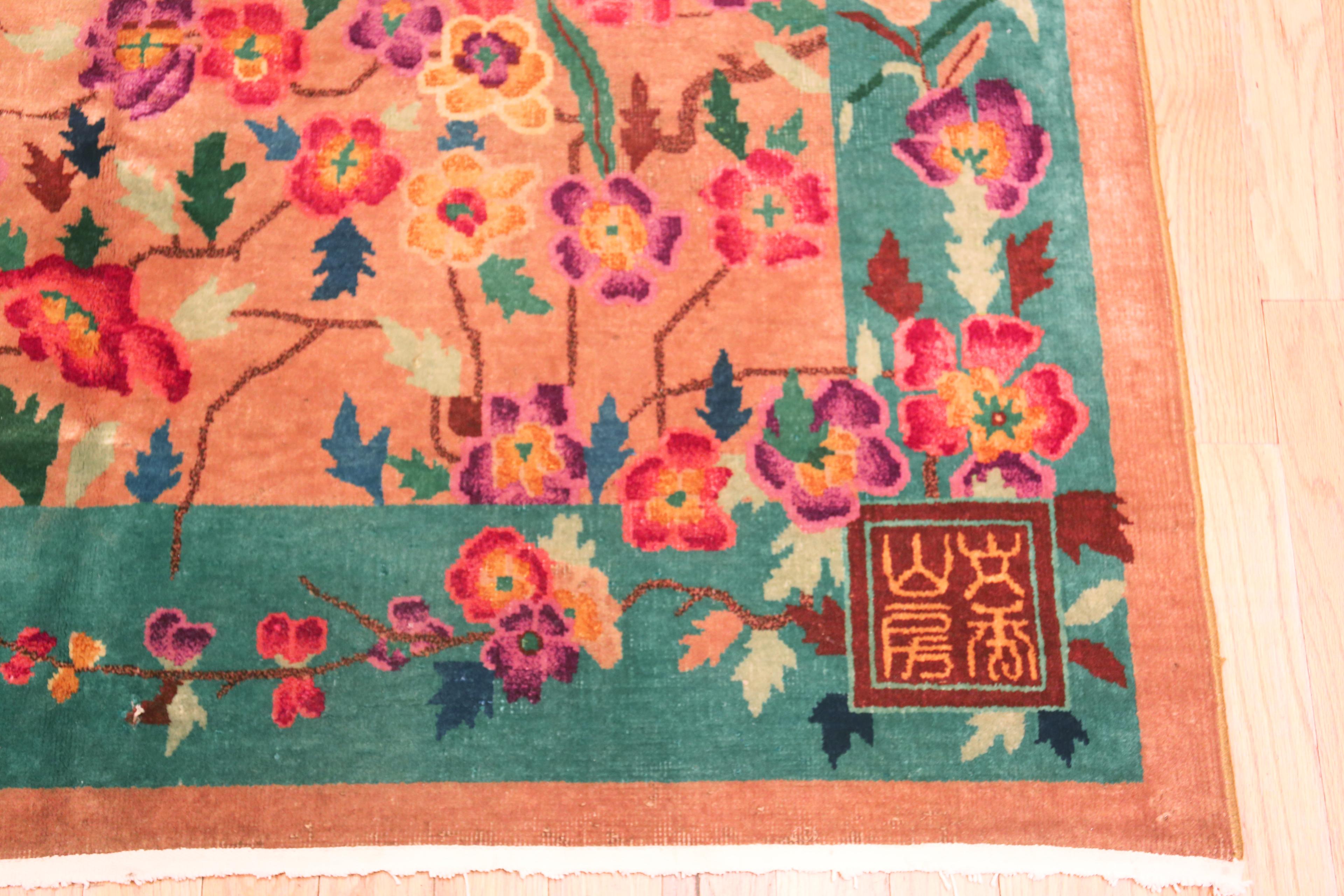 Wool Colorful Antique Chinese Art Deco Floral Rug 5'8