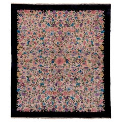 Colorful Antique Chinese Art Deco Peking Rug, Allover Floral Field, Black Border