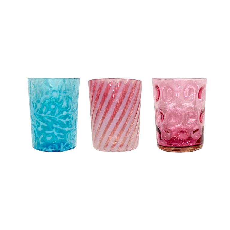 Colorful Antique Hobbs Drinking Glasses in Blue and Pink, Set of 3 1800s In Good Condition For Sale In Oklahoma City, OK