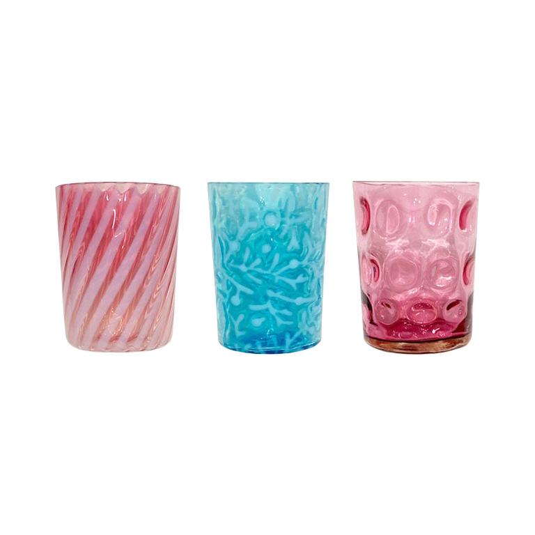 Colorful Antique Hobbs Drinking Glasses in Blue and Pink, Set of 3 1800s For Sale