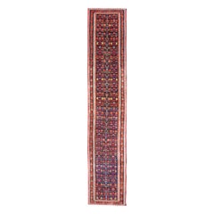 Colorful Antique Kazak Long Runner with Multi-Geometric Motifs On A Navy Field