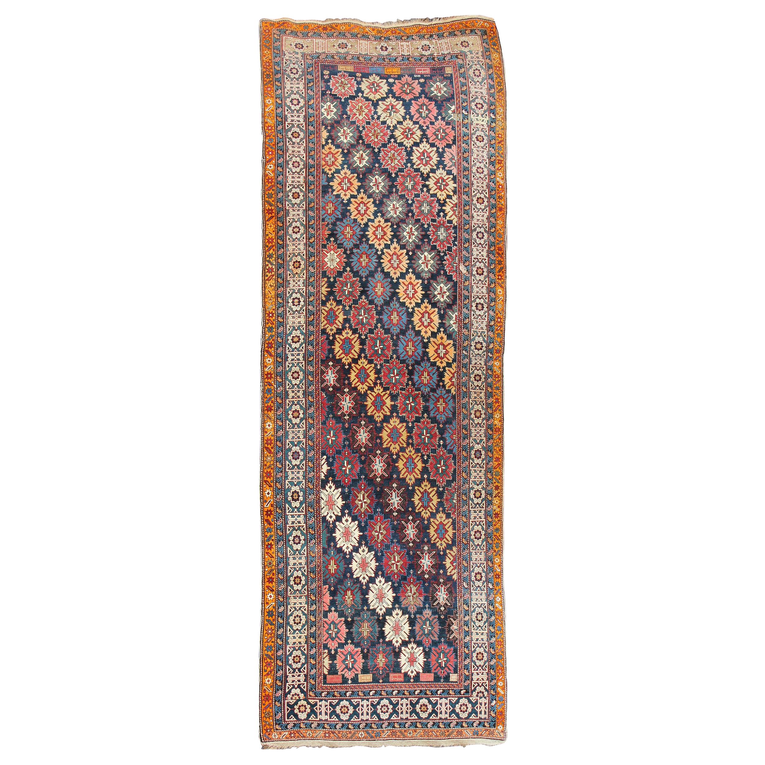 Colorful Antique Kuba Large Gallery Runner with Multi-Geometric Medallions For Sale