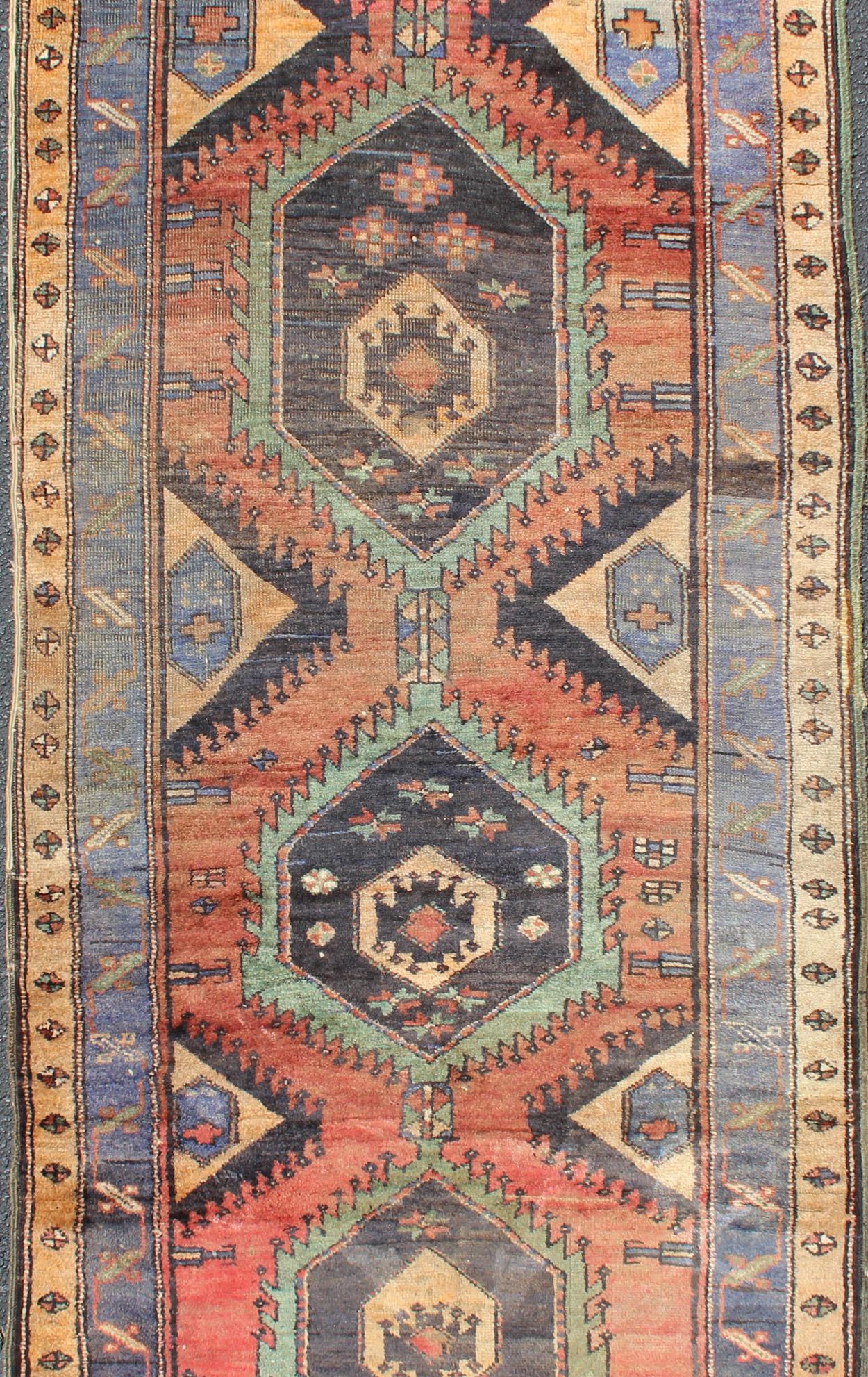 Malayer Colorful Antique N.W Persian Hamadan Runner with Tribal Medallion Design For Sale