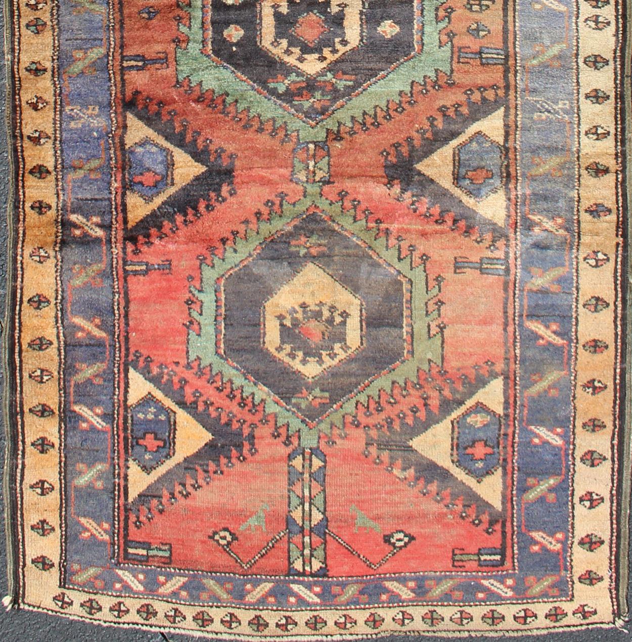Hand-Knotted Colorful Antique N.W Persian Hamadan Runner with Tribal Medallion Design For Sale