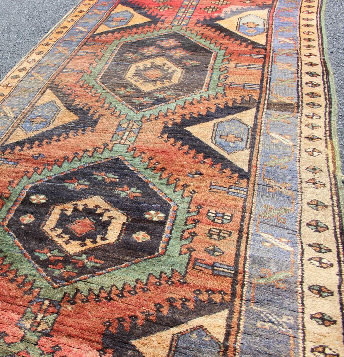 Colorful Antique N.W Persian Hamadan Runner with Tribal Medallion Design In Good Condition For Sale In Atlanta, GA