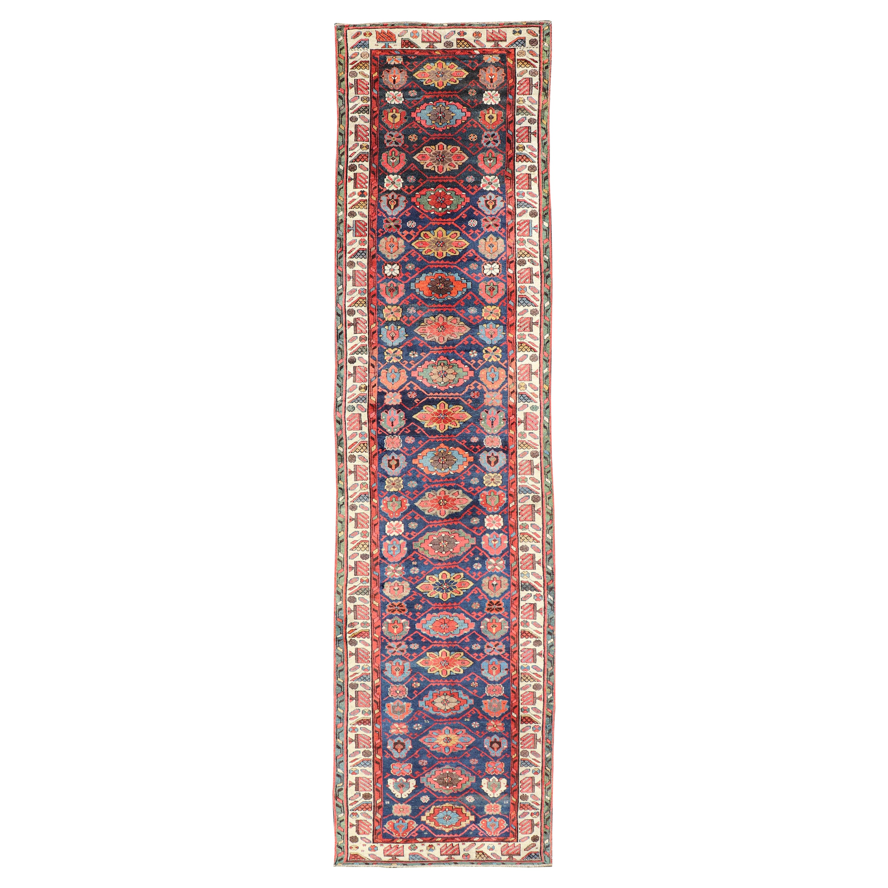 Antique N.W. coloré Tapis de course persan à motifs floraux subgéométriques sur tout le pourtour