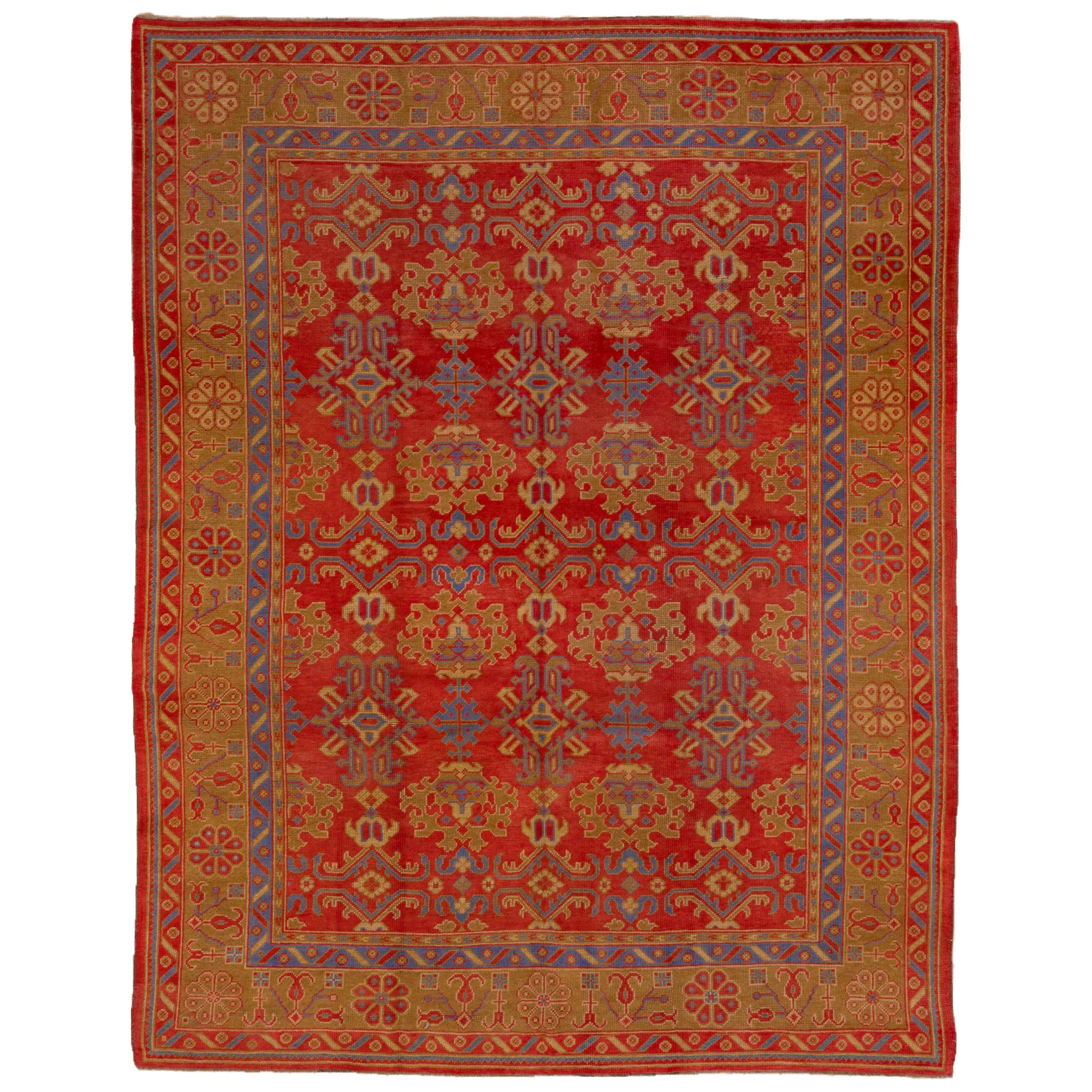 Colorful Antique Oushak Rug, Bright Red Field, Multicolored Borders, circa 1930s For Sale
