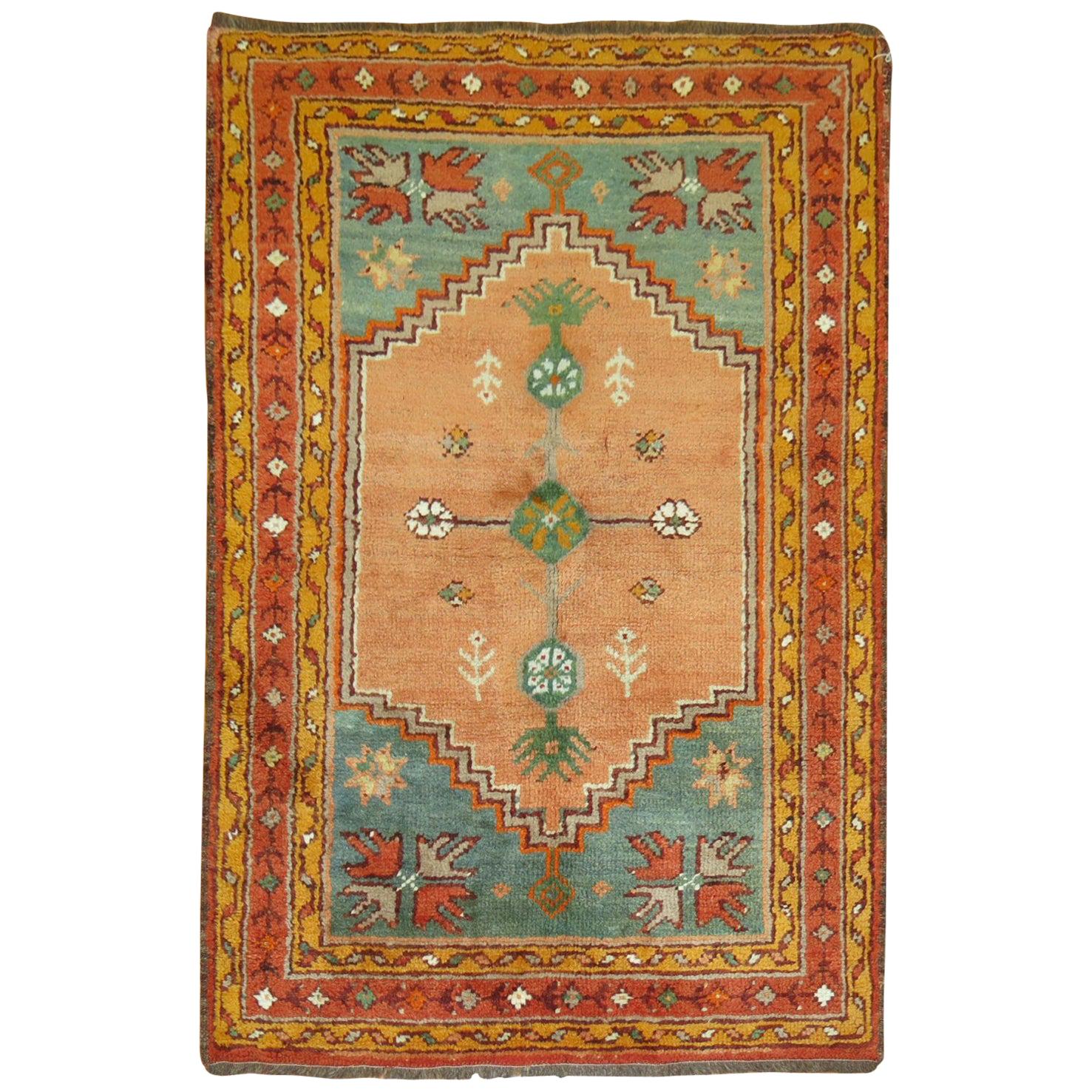 Colorful Antique Oushak Teal Orange Rug, Early 20th Century