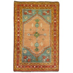 Colorful Antique Oushak Teal Orange Rug, Early 20th Century