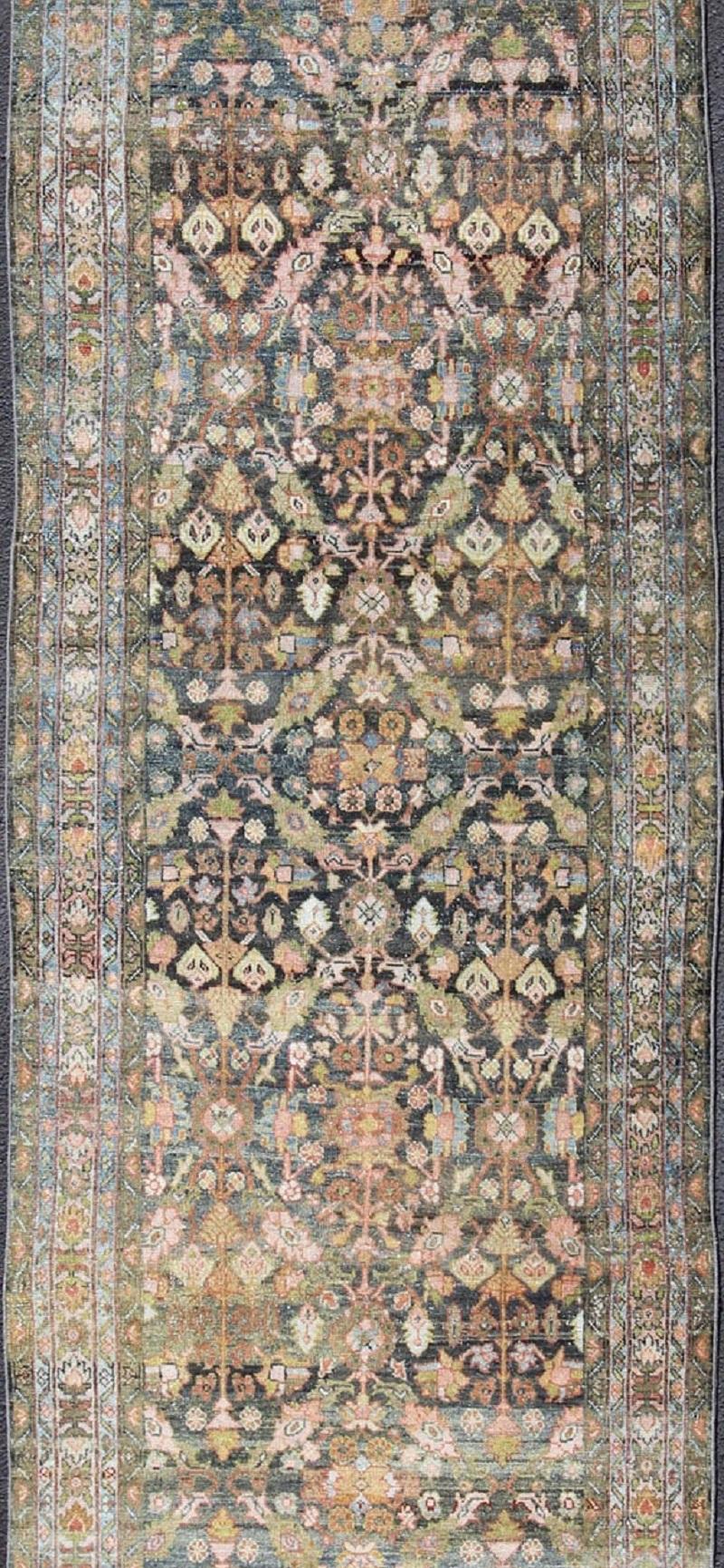 Tribal Colorful Antique Persian Hamedan Runner with All-Over Floral Design