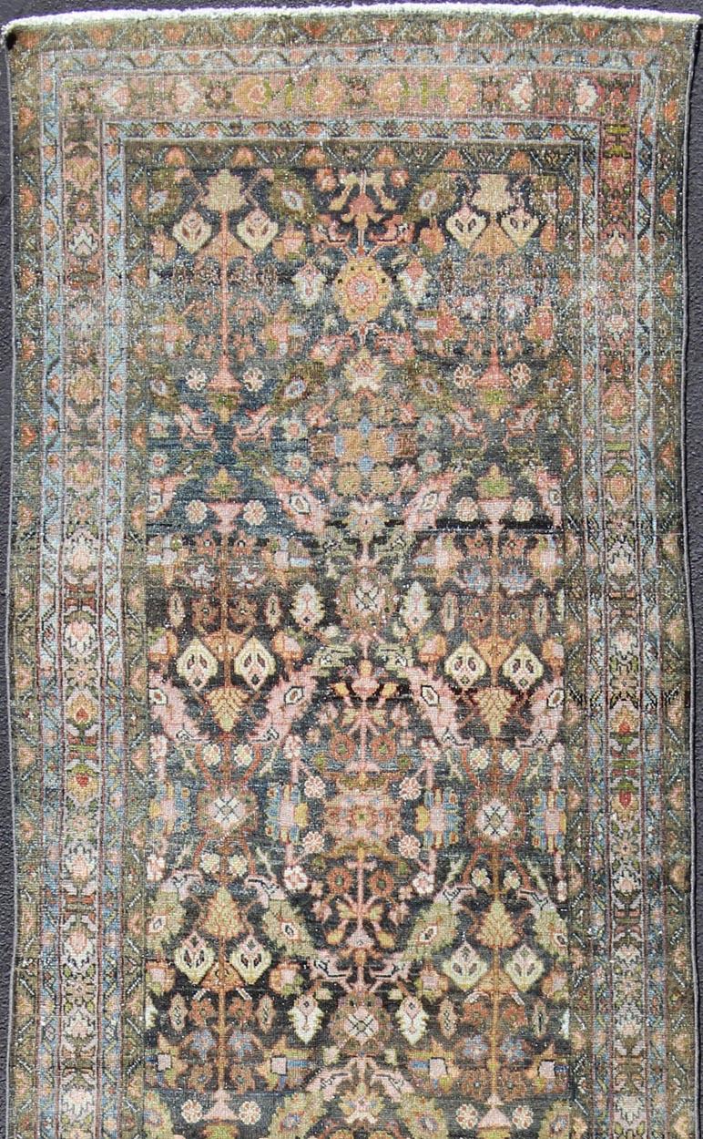 Hand-Knotted Colorful Antique Persian Hamedan Runner with All-Over Floral Design
