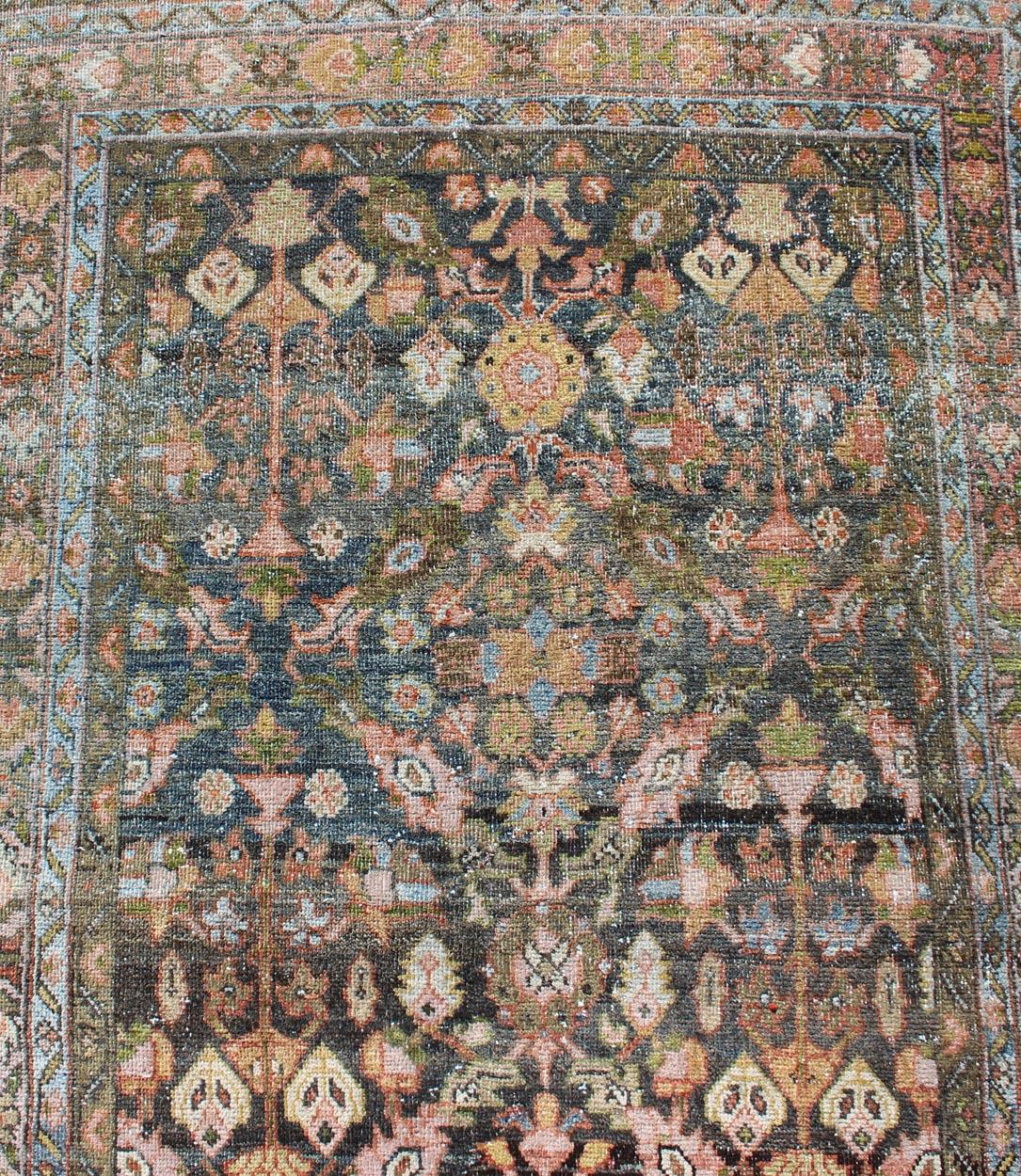 Wool Colorful Antique Persian Hamedan Runner with All-Over Floral Design