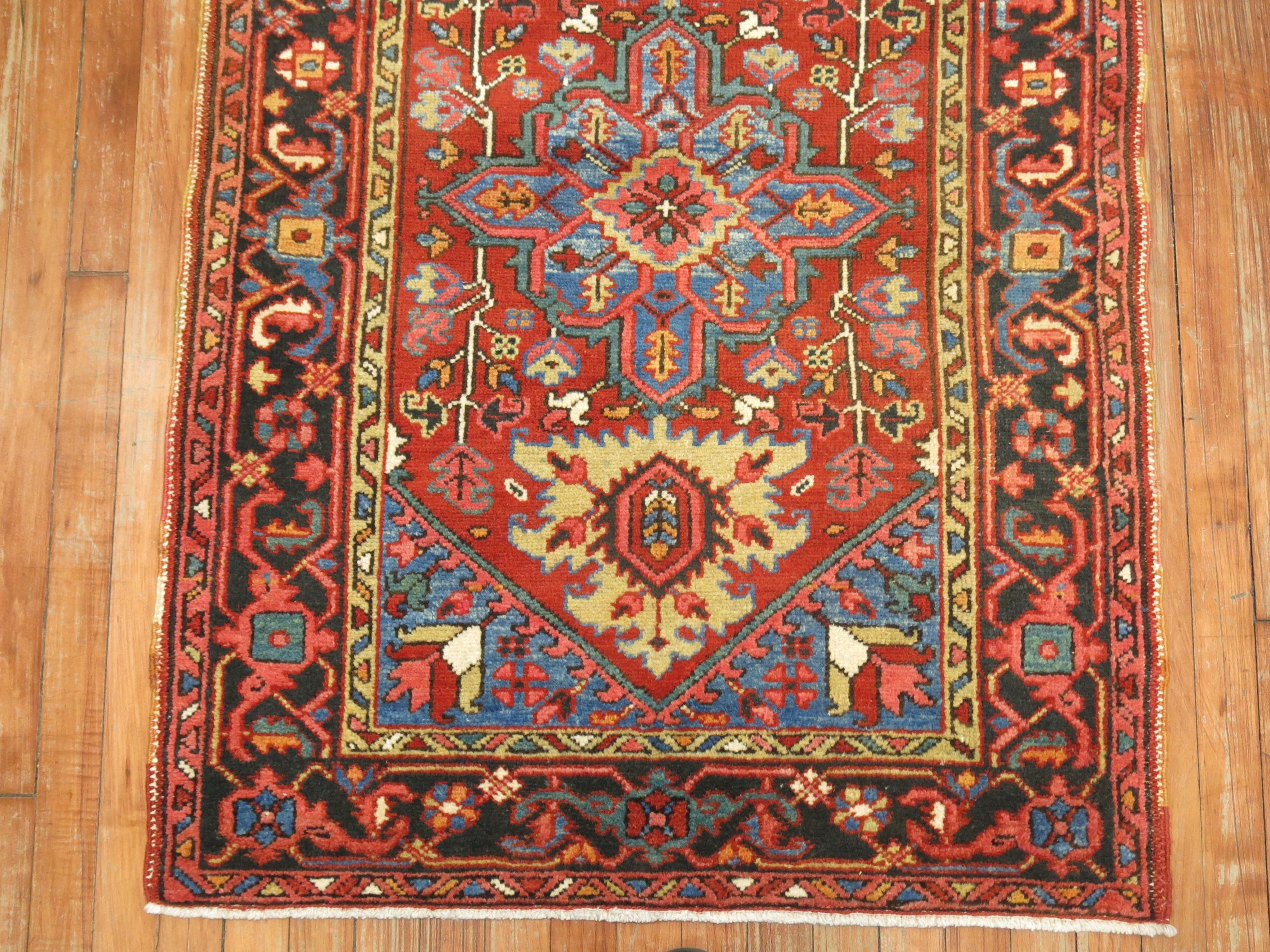 A colorful traditional oriental Persian Heriz Scatter size rug. The colors are vibrant and the piece is happy.