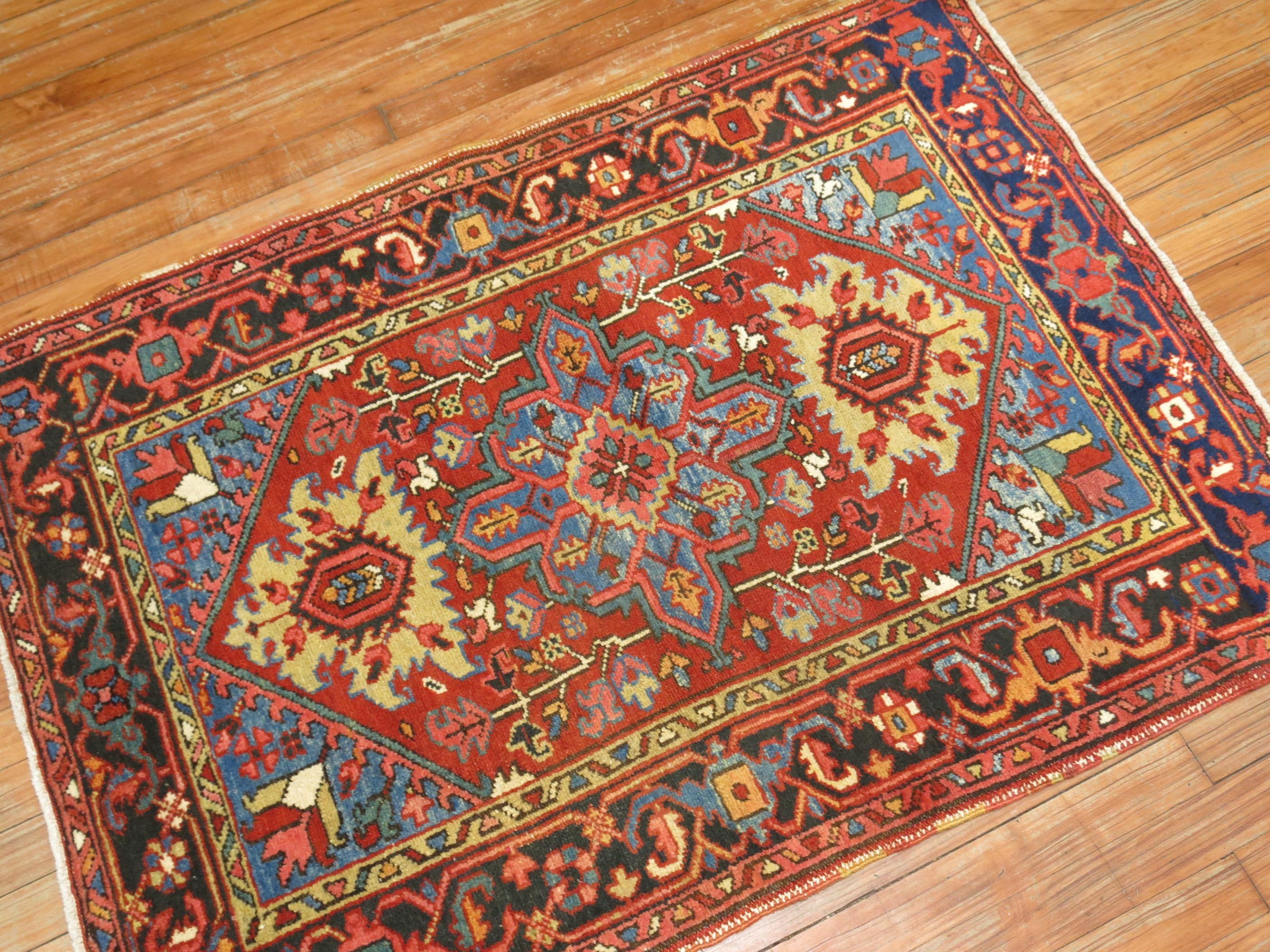Colorful Antique Persian Heriz Scatter Rug In Excellent Condition In New York, NY