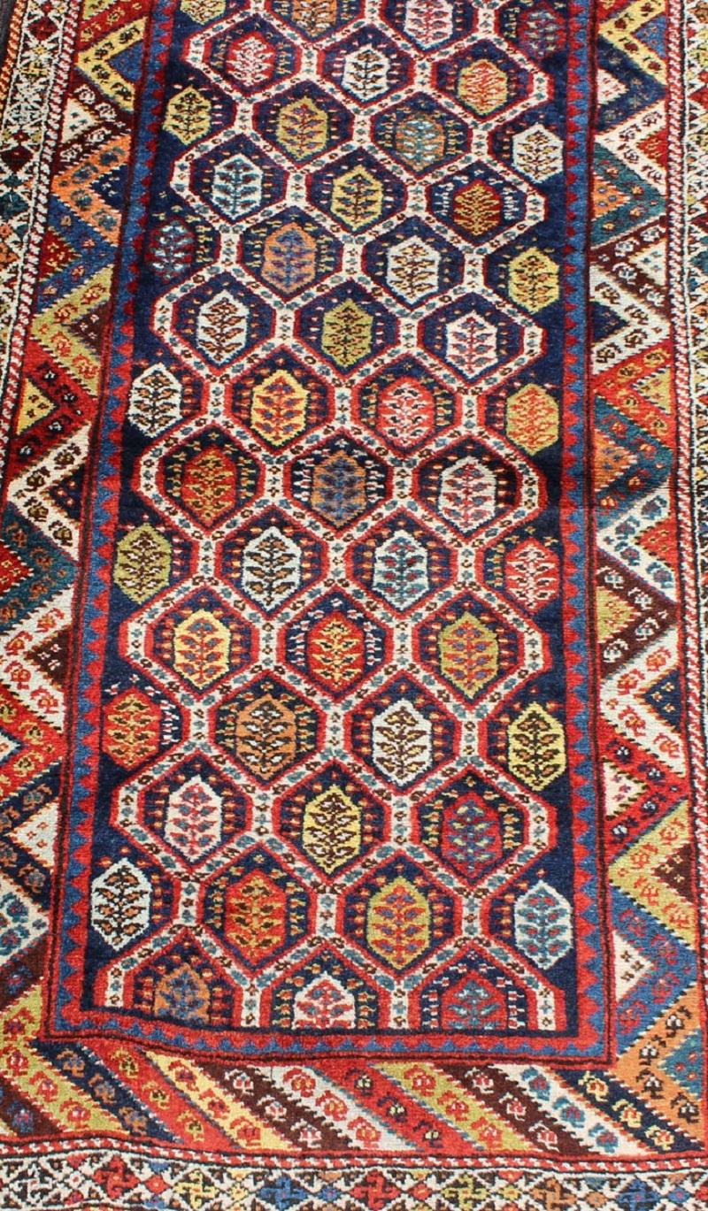 Colorful Antique Persian Lori Runner with Repeating Geometric Palmette Design For Sale 2