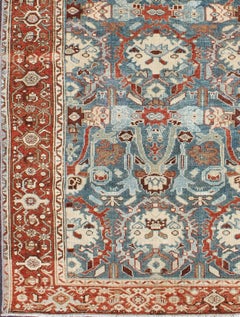 Antique Persian Malayer Rug with Symmetrical Medallion Field in Faded Blue