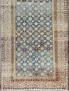 Colorful Antique Persian Malayer Runner with Blue Background, Floral Motifs