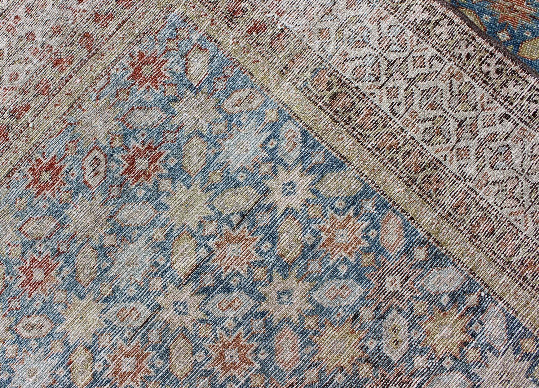 Colorful Antique Persian Malayer Runner with Blue Background, Floral Motifs For Sale 1