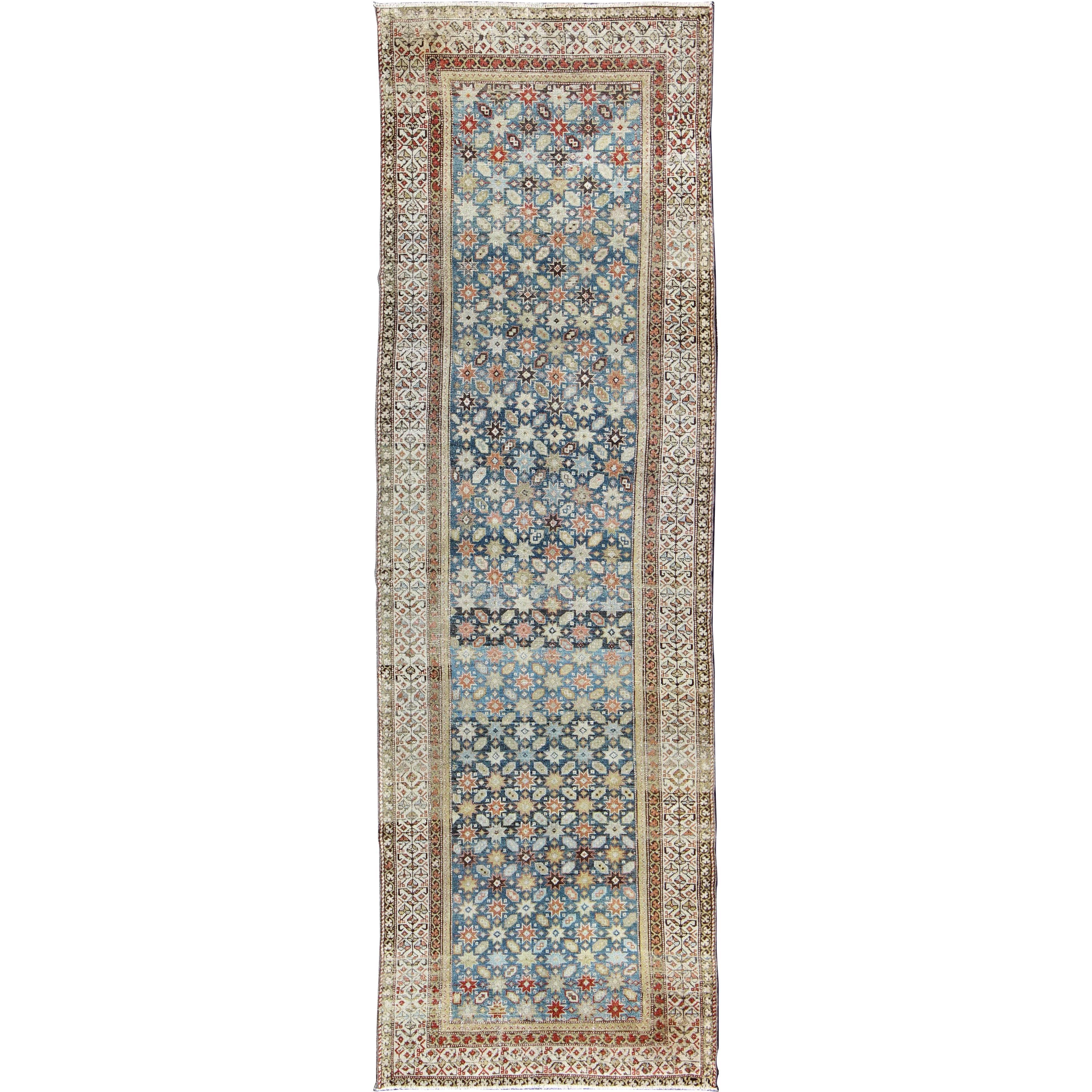 Colorful Antique Persian Malayer Runner with Blue Background, Floral Motifs