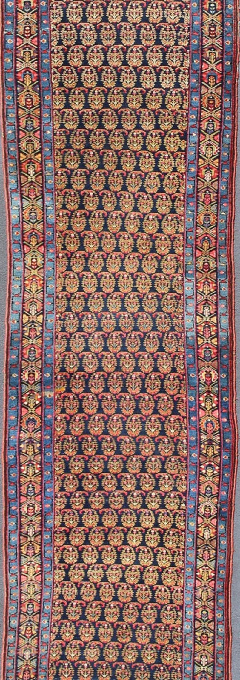 Hand-Knotted Colorful Antique Persian Malayer Runner with Palmettes in Blue, Orange and Red For Sale