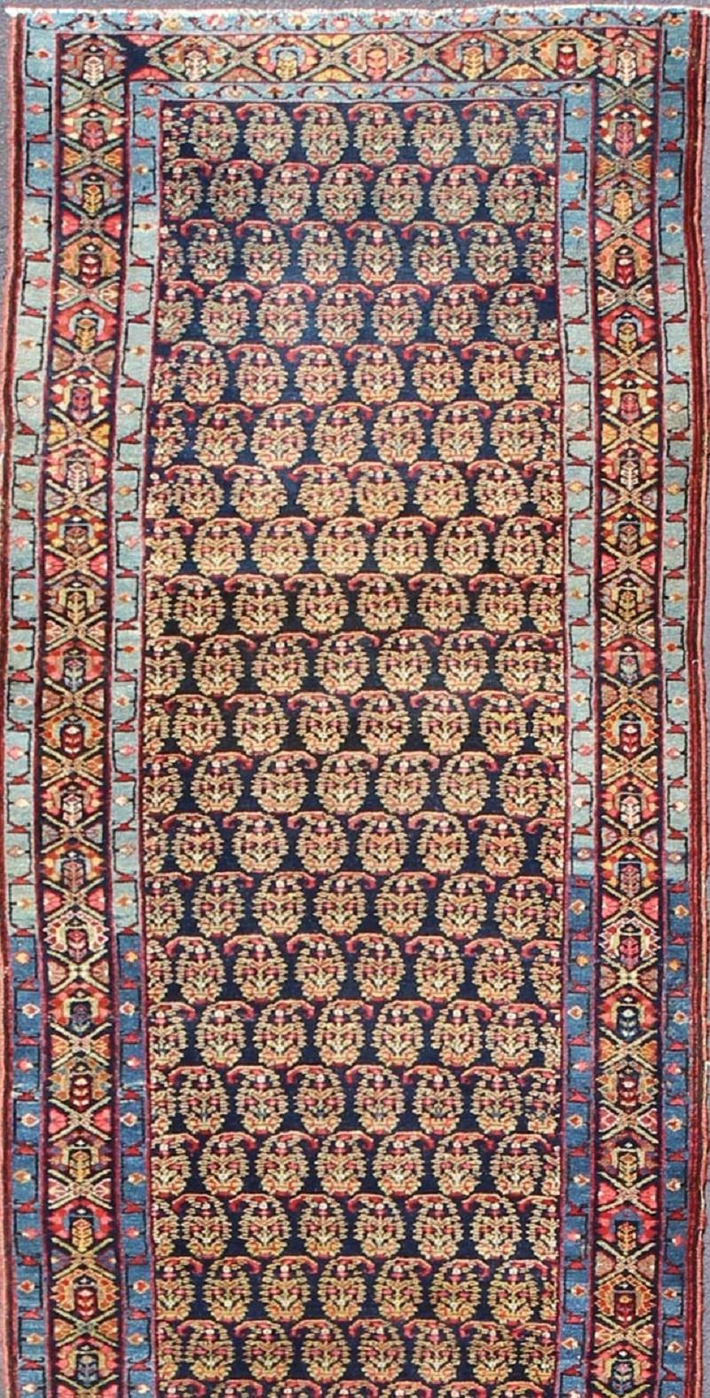 Colorful Antique Persian Malayer Runner with Palmettes in Blue, Orange and Red In Excellent Condition For Sale In Atlanta, GA