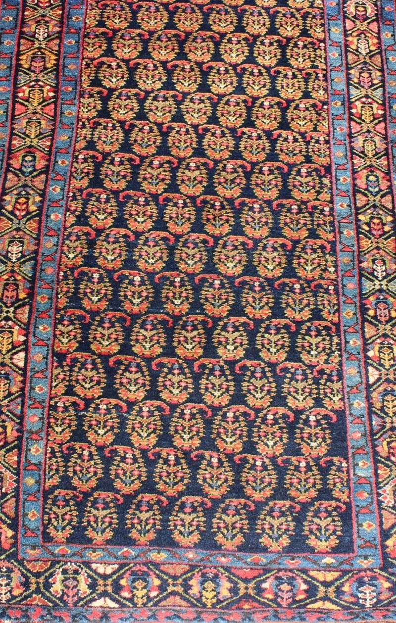 Wool Colorful Antique Persian Malayer Runner with Palmettes in Blue, Orange and Red For Sale