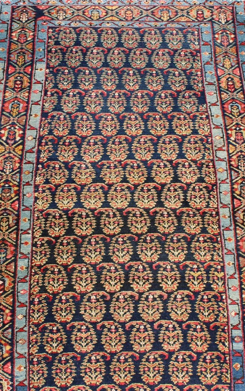 Colorful Antique Persian Malayer Runner with Palmettes in Blue, Orange and Red For Sale 1