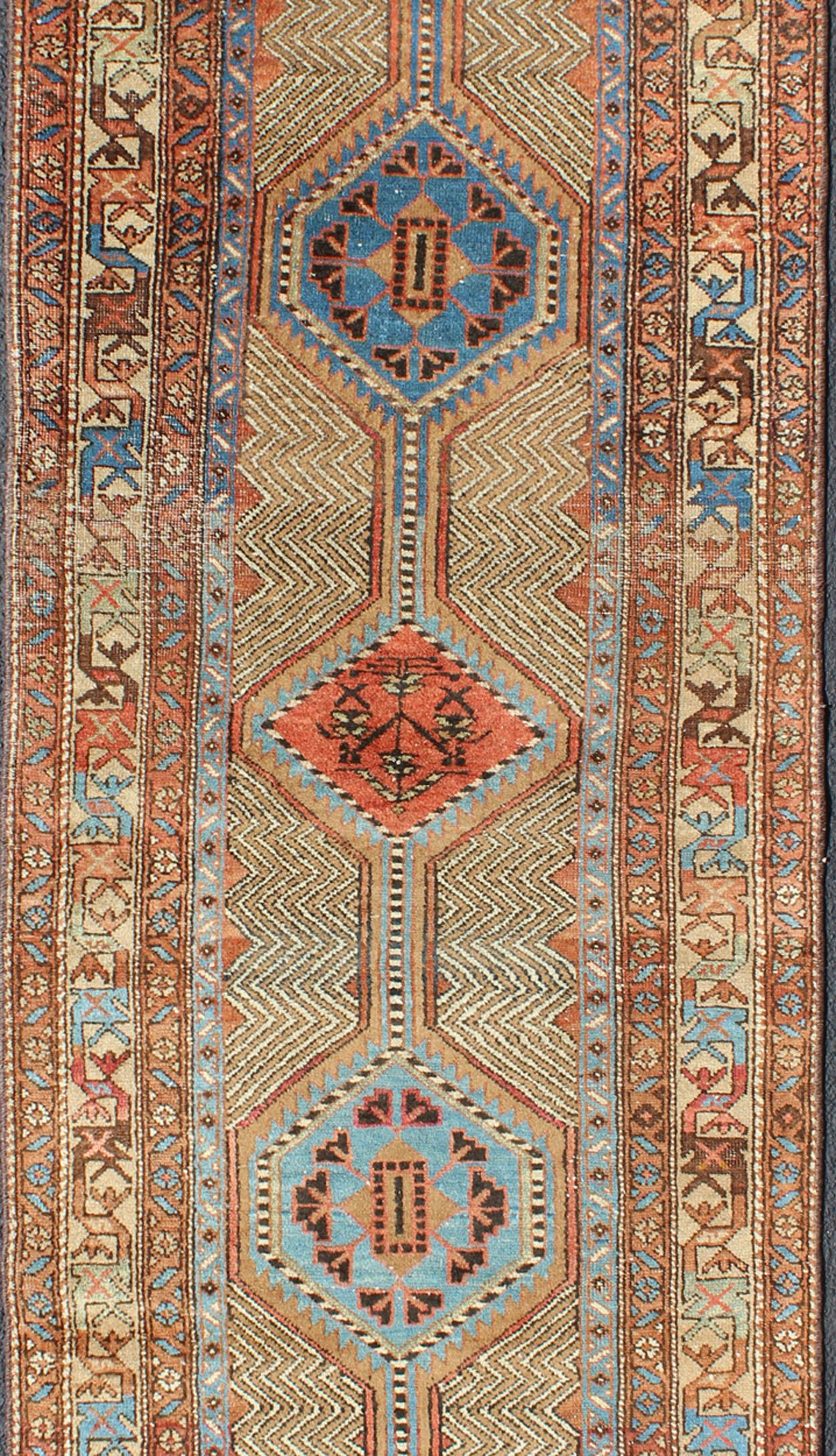 Tribal Colorful Antique Persian Serab Gallery Rug with Unique Geometric Design