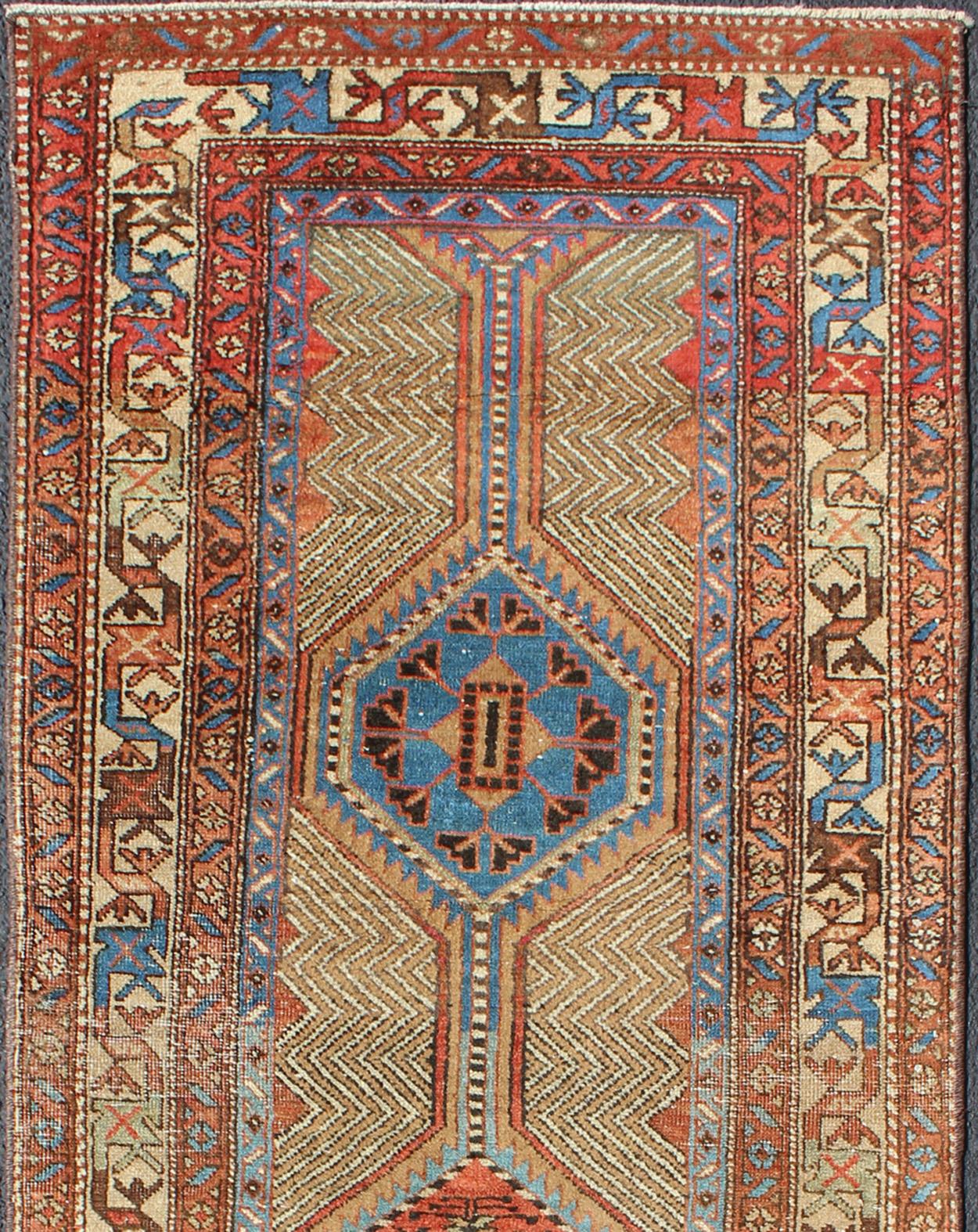 Hand-Knotted Colorful Antique Persian Serab Gallery Rug with Unique Geometric Design
