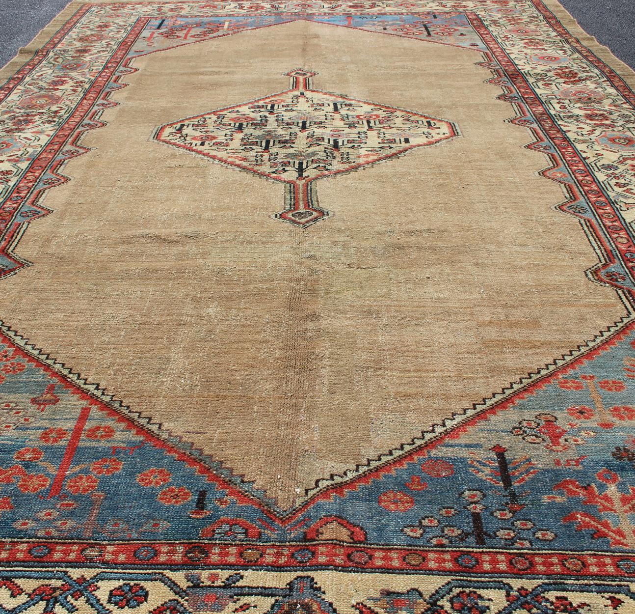 Camel Hair Antique Persian Serab Rug in Camel Color Background, Blue, Salmon  For Sale 5
