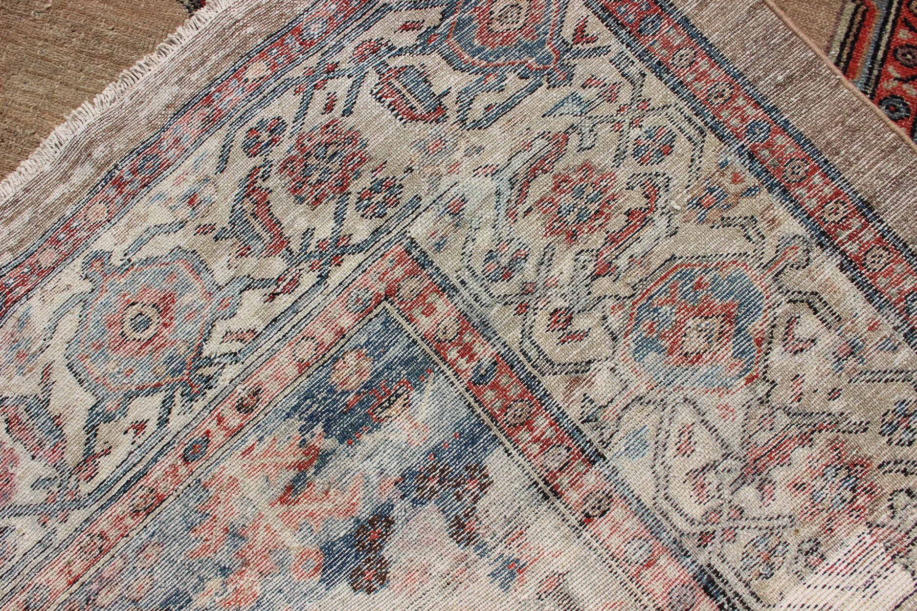 Camel Hair Antique Persian Serab Rug in Camel Color Background, Blue, Salmon  In Good Condition For Sale In Atlanta, GA