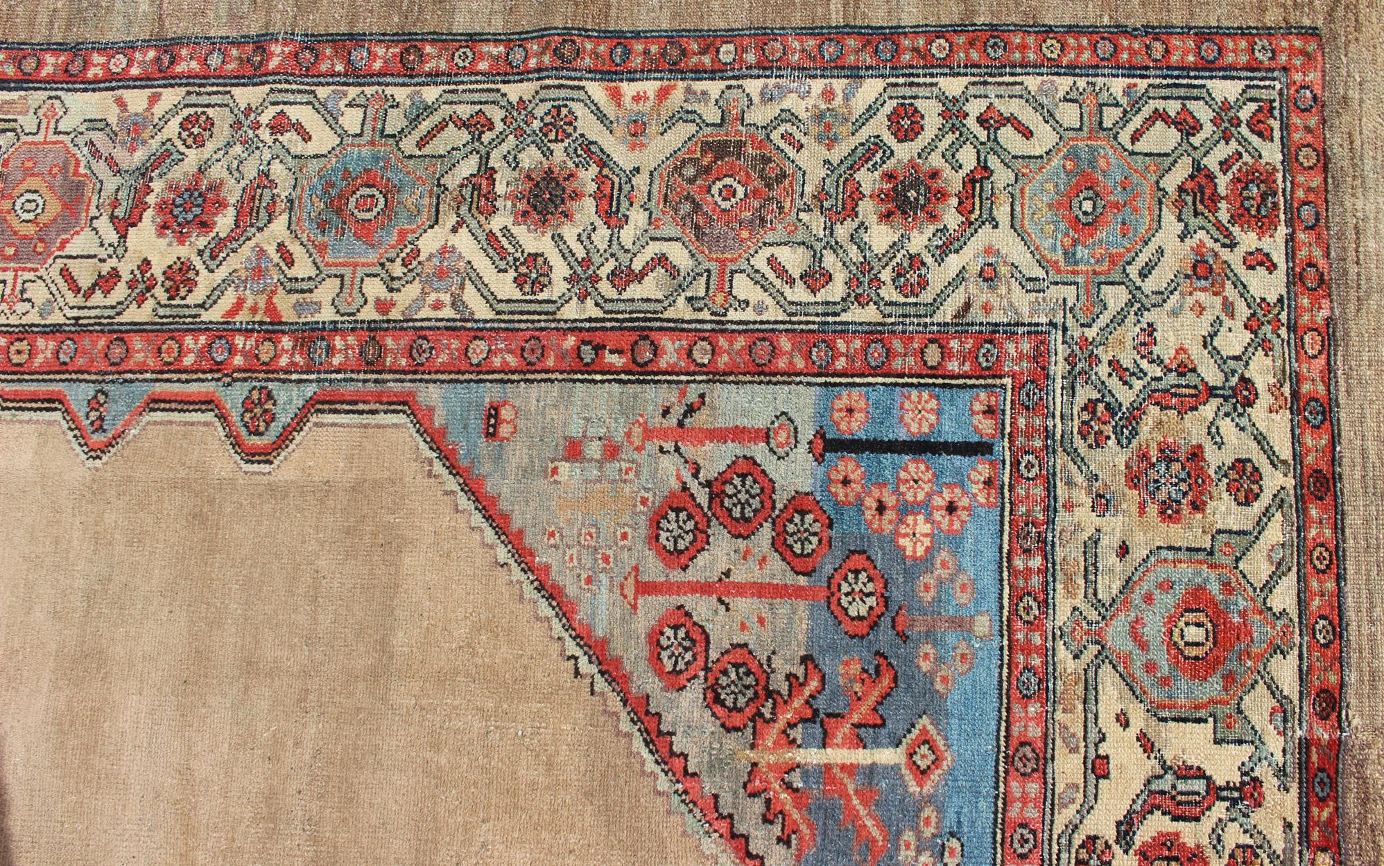 Late 19th Century Camel Hair Antique Persian Serab Rug in Camel Color Background, Blue, Salmon  For Sale