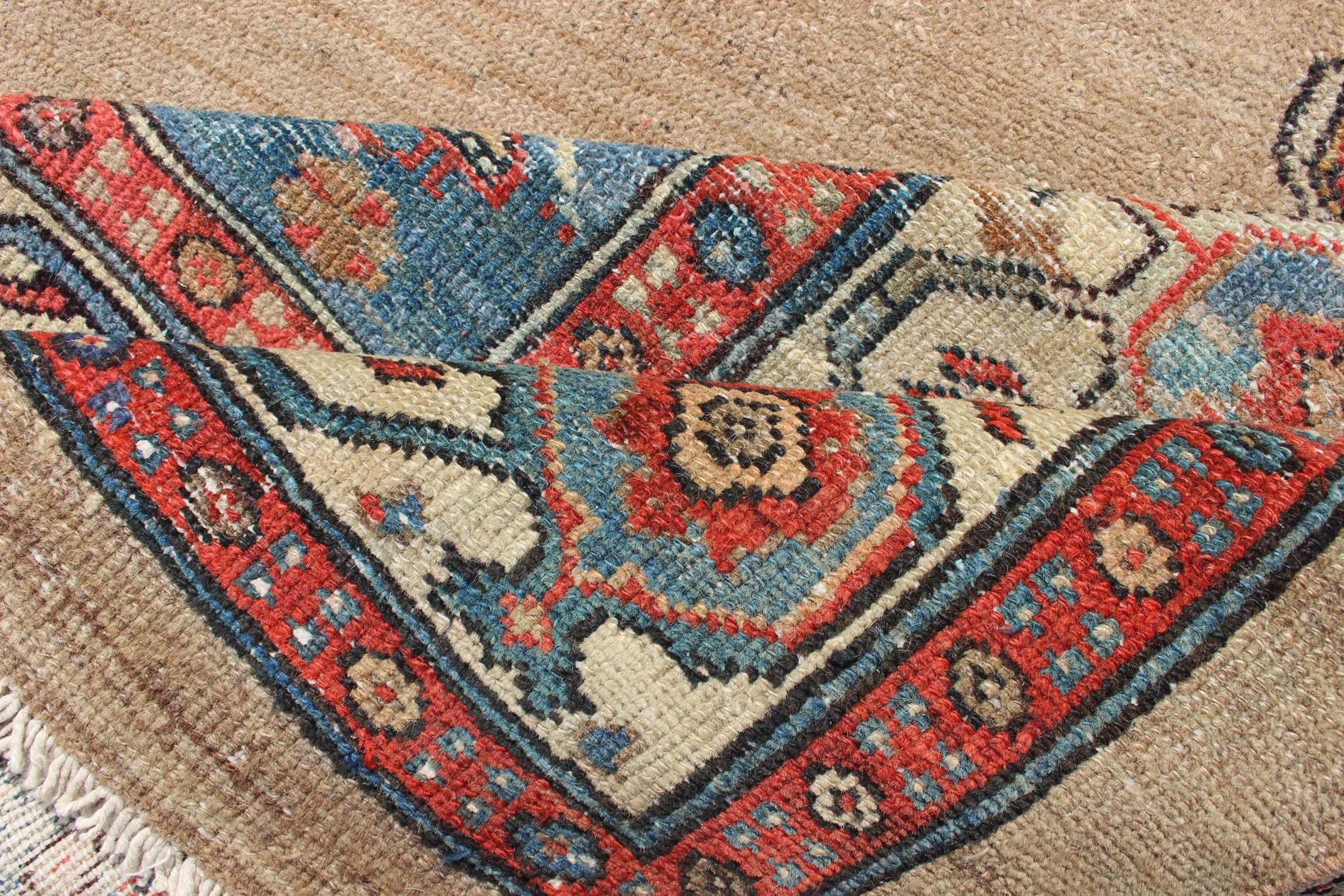 Camel Hair Antique Persian Serab Rug in Camel Color Background, Blue, Salmon  For Sale 2