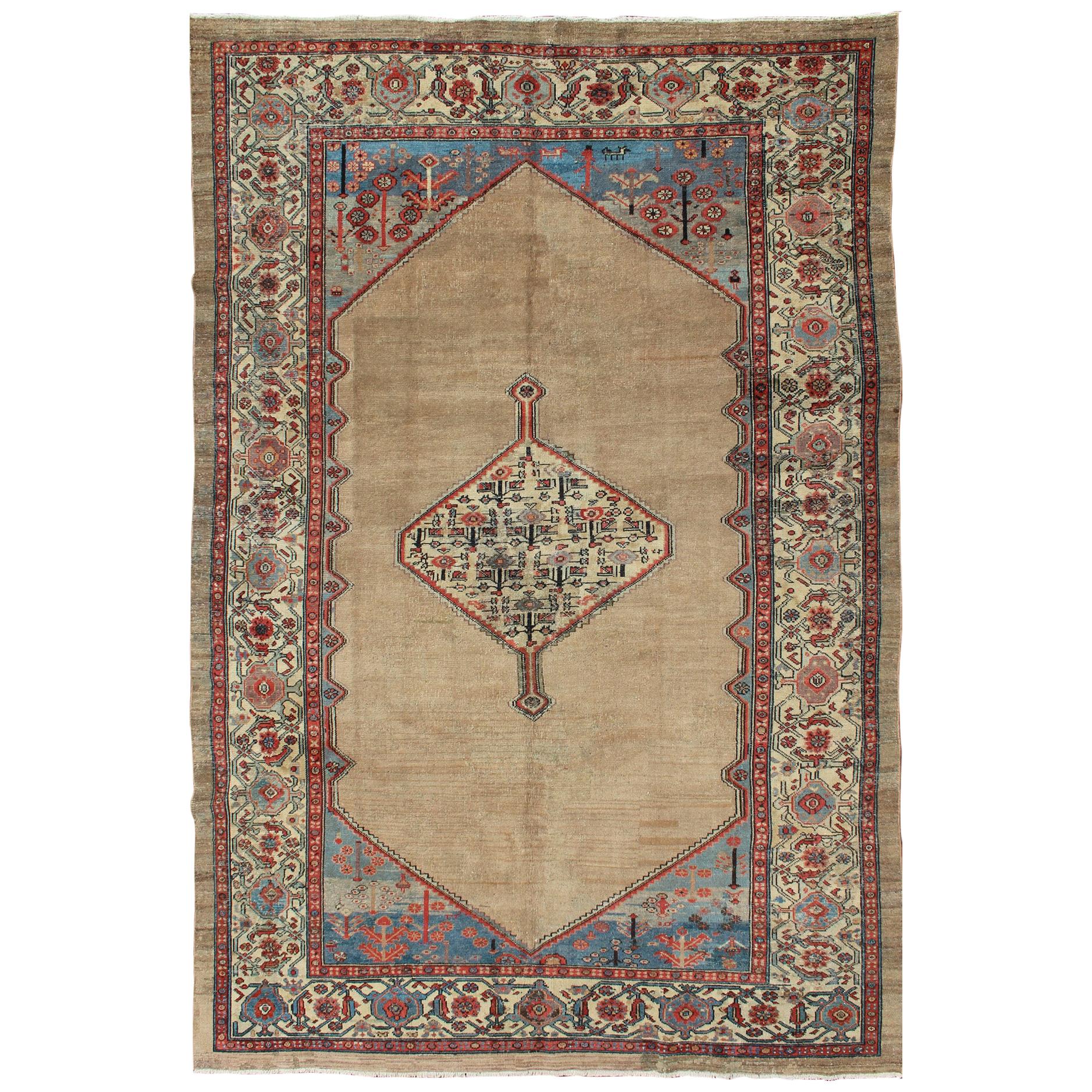 Camel Hair Antique Persian Serab Rug in Camel Color Background, Blue, Salmon  For Sale