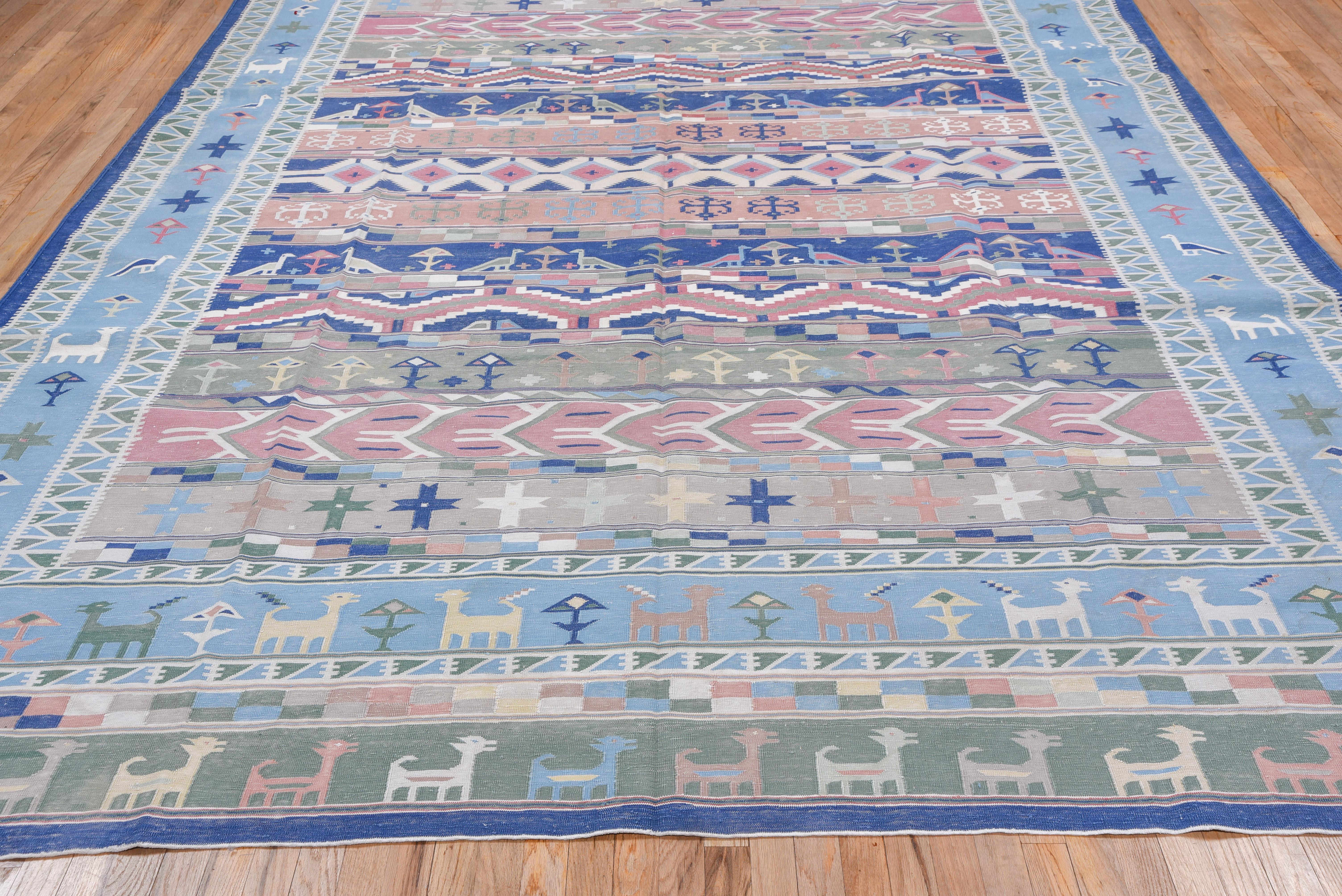 Hand-Woven Colorful Antique Pictorial Art Deco Cotton Dhurrie Rug, Circa 1910s For Sale