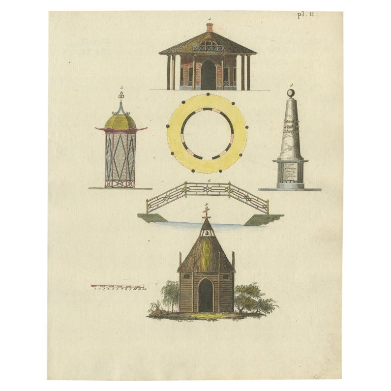 Impression ancienne colorée de l'architecture de jardin par Van Laar, 1802